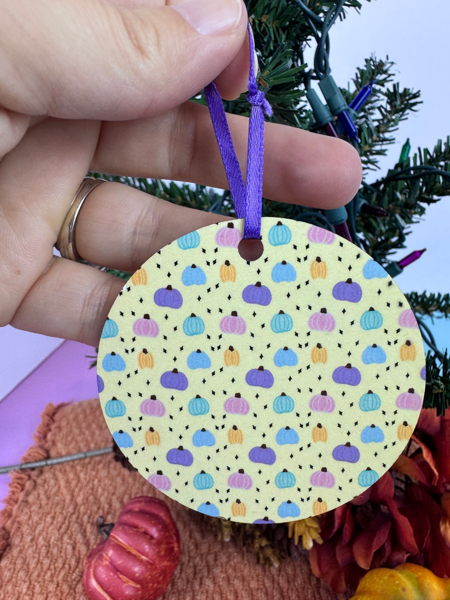 Pastel Pumpkin Ornament- Hand Drawn Fall MDF Ornament with Purple Ribbon, Warm Yellow Autumn Decor, Sublimated 2.75" Pumpkin Gift