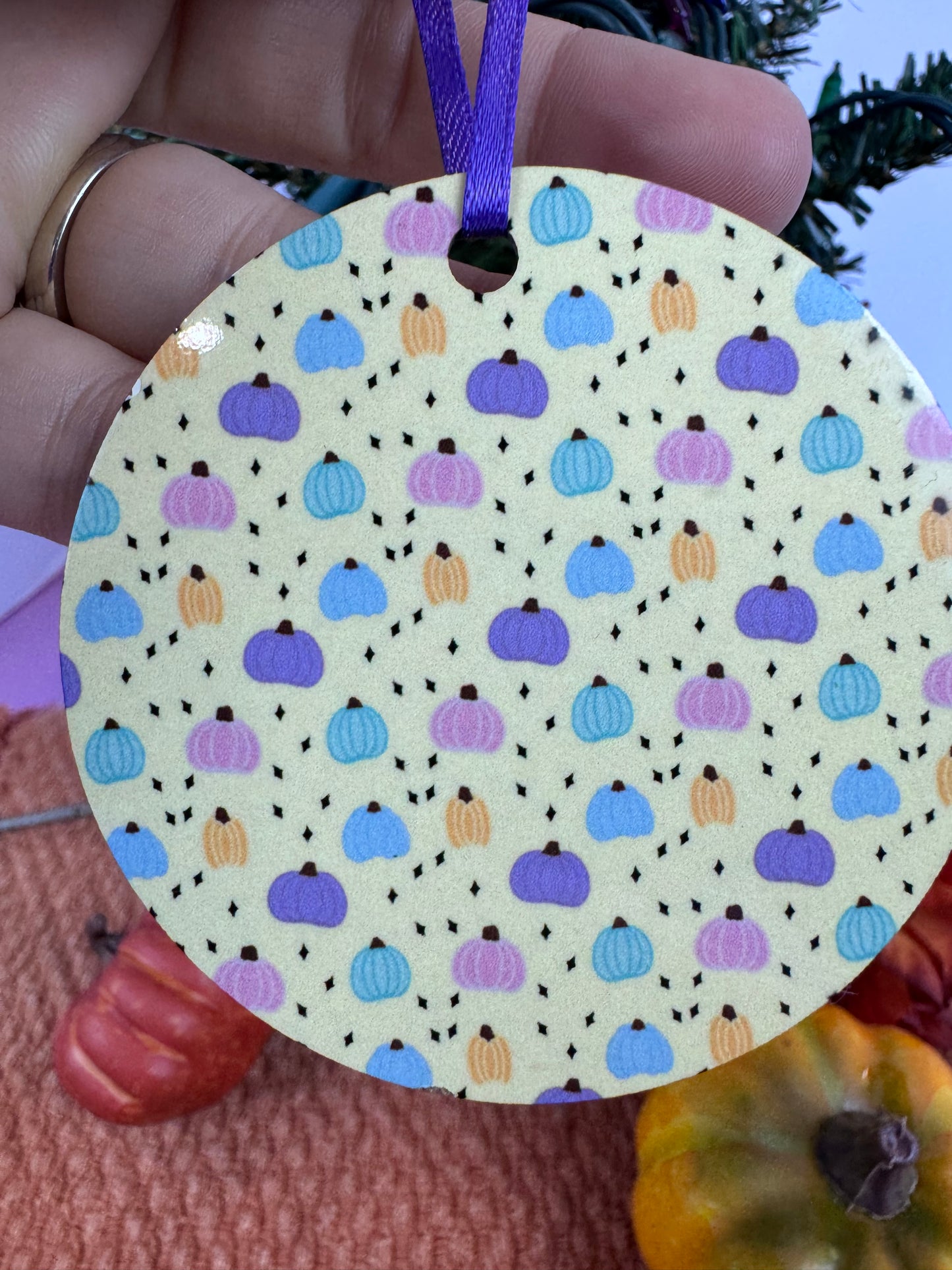 Pastel Pumpkin Ornament- Hand Drawn Fall MDF Ornament with Purple Ribbon, Warm Yellow Autumn Decor, Sublimated 2.75" Pumpkin Gift
