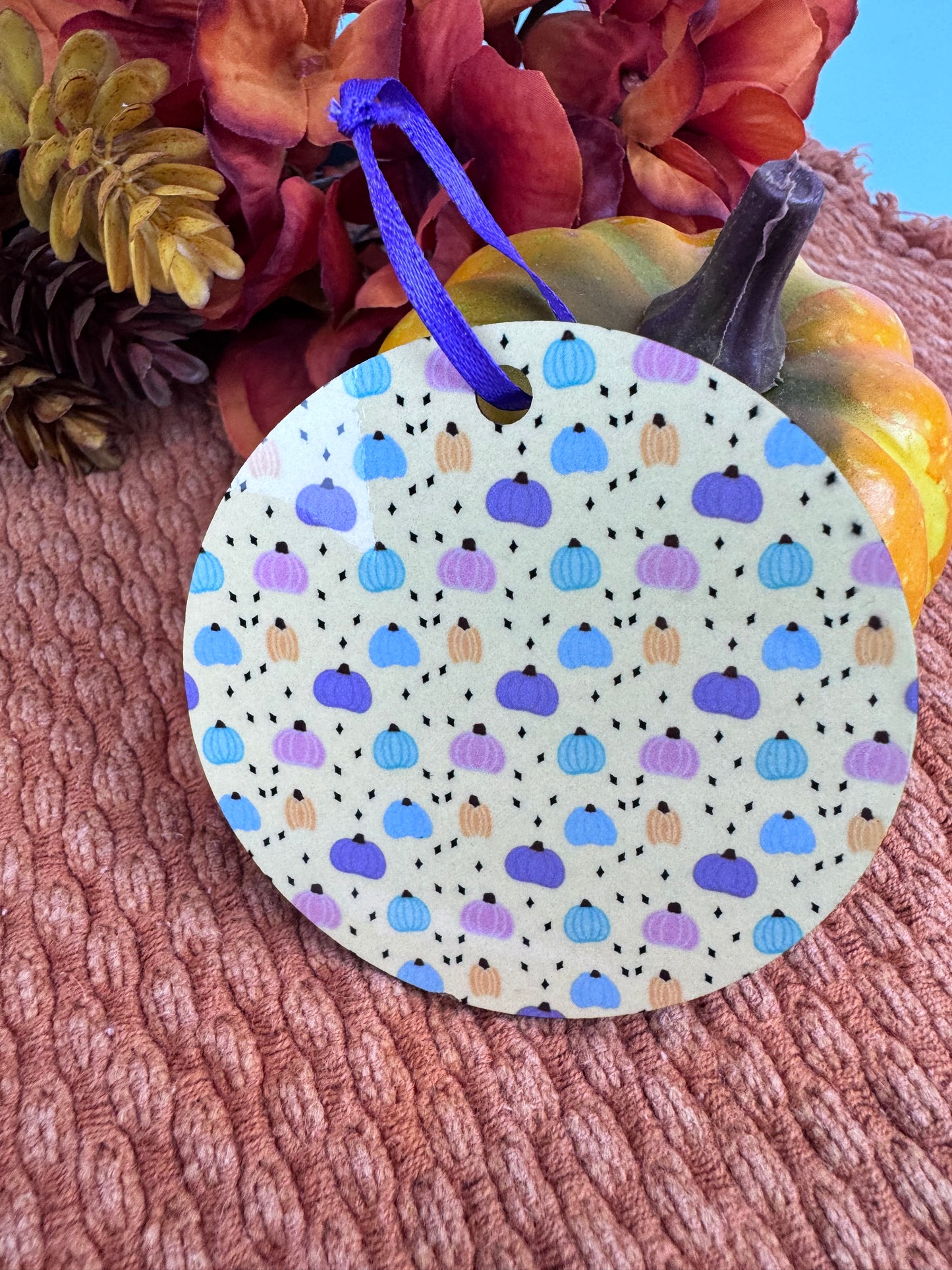 Pastel Pumpkin Ornament- Hand Drawn Fall MDF Ornament with Purple Ribbon, Warm Yellow Autumn Decor, Sublimated 2.75" Pumpkin Gift