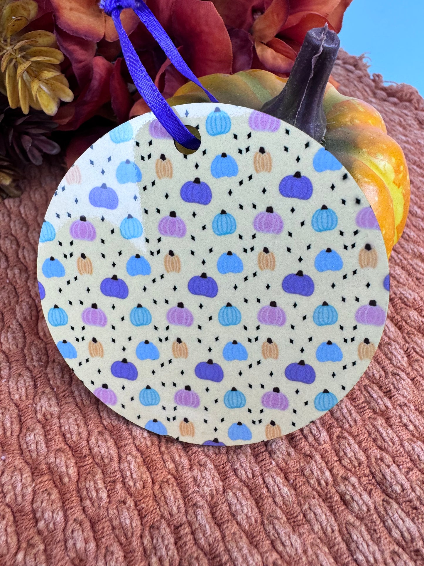 Pastel Pumpkin Ornament- Hand Drawn Fall MDF Ornament with Purple Ribbon, Warm Yellow Autumn Decor, Sublimated 2.75" Pumpkin Gift