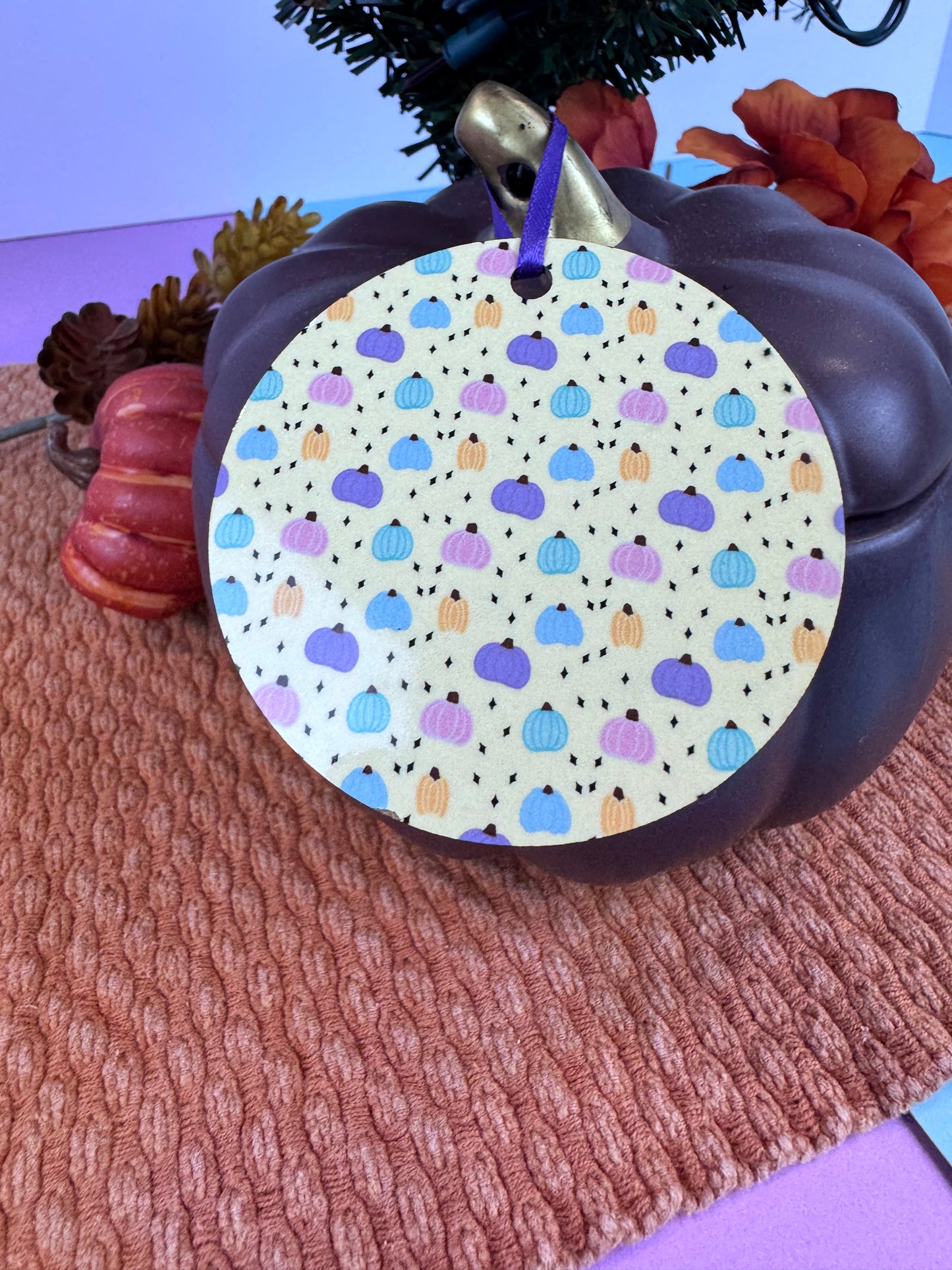 Pastel Pumpkin Ornament- Hand Drawn Fall MDF Ornament with Purple Ribbon, Warm Yellow Autumn Decor, Sublimated 2.75" Pumpkin Gift