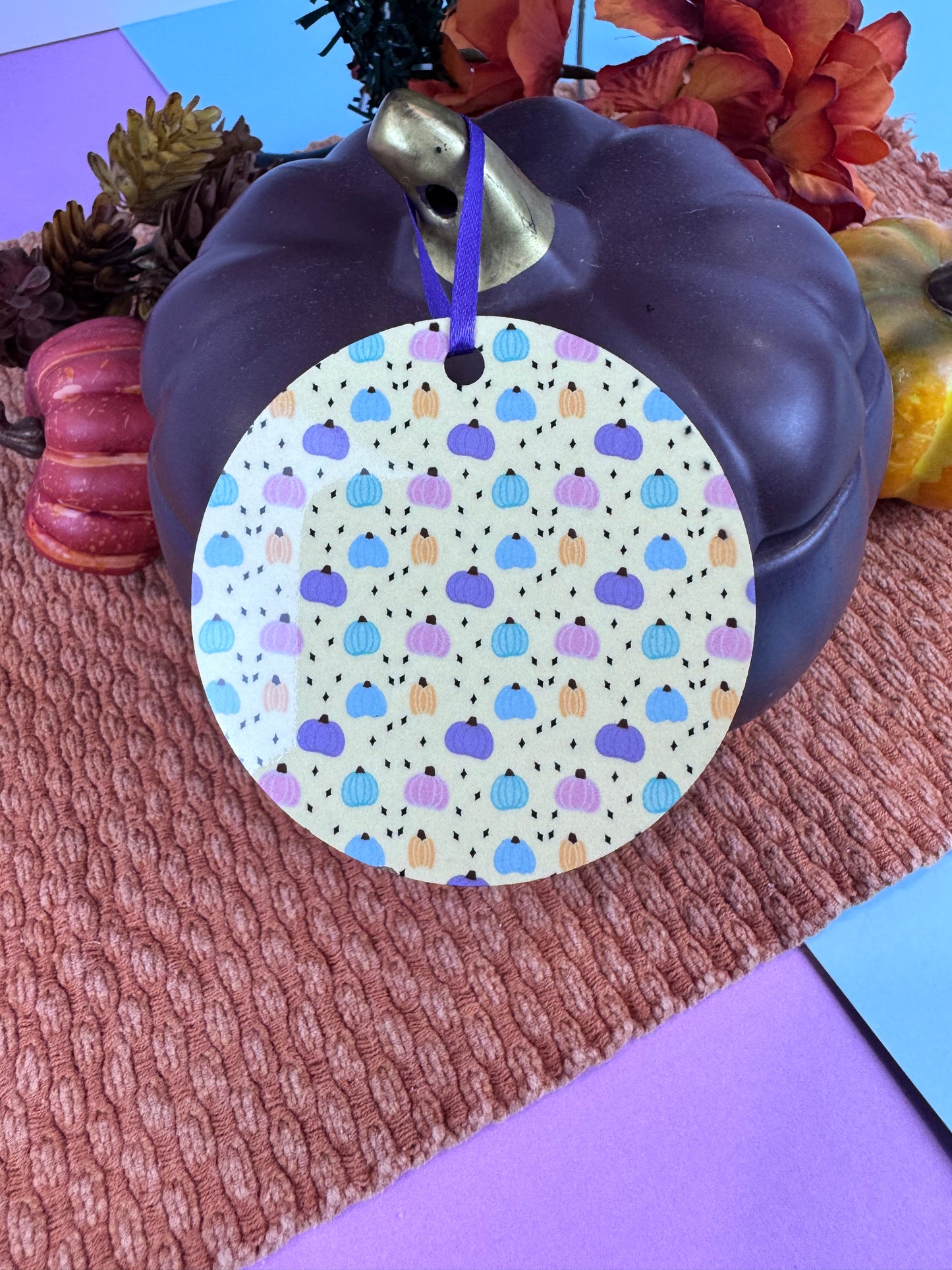 Pastel Pumpkin Ornament- Hand Drawn Fall MDF Ornament with Purple Ribbon, Warm Yellow Autumn Decor, Sublimated 2.75" Pumpkin Gift