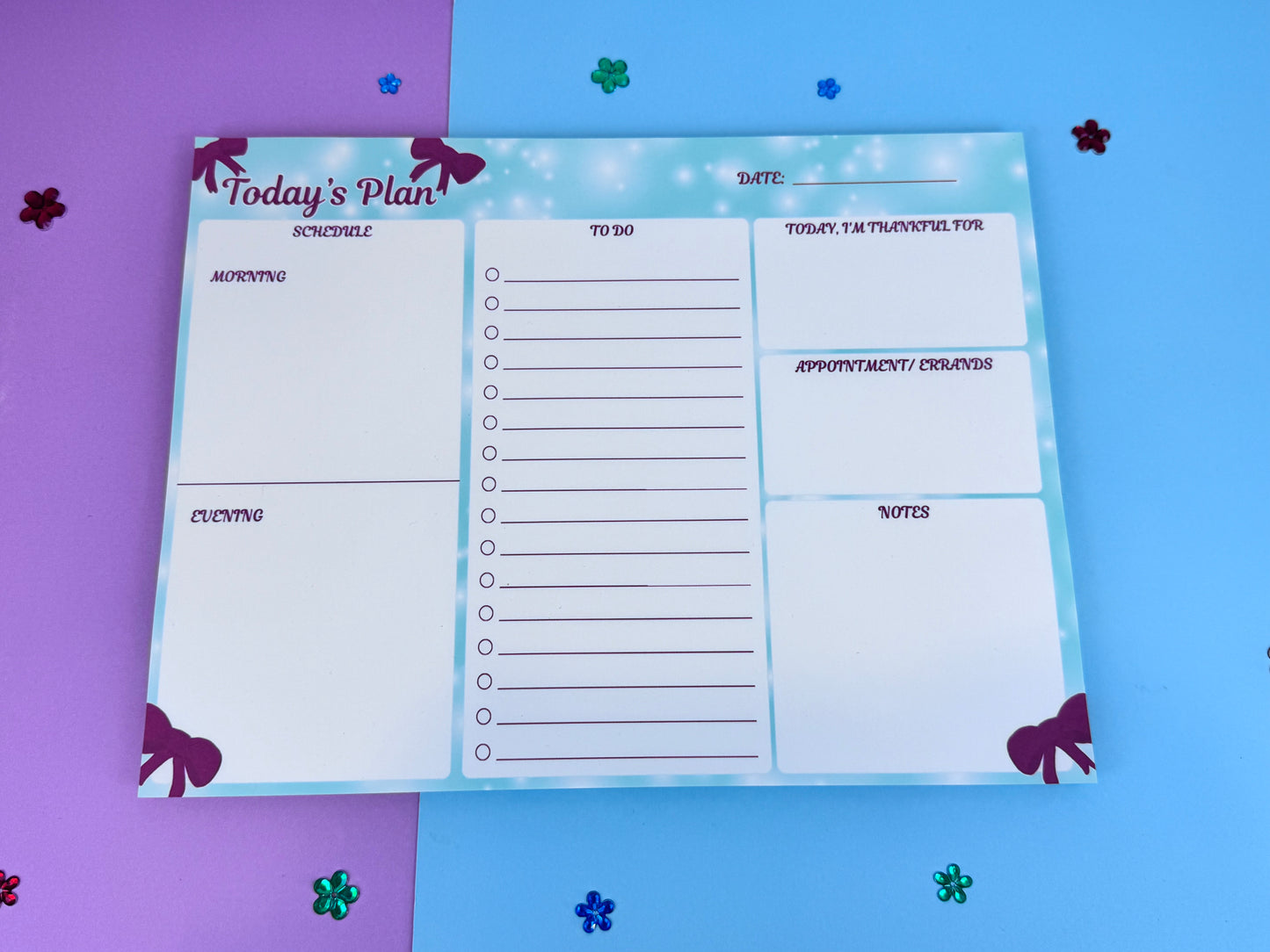 Handmade Daily Planner Pad – 10.75" x 8.2" Holiday Bow Planner, Teal & White Page Layout, To-Do List + AM/PM Schedule, 50 Pages, Chipboard Backing