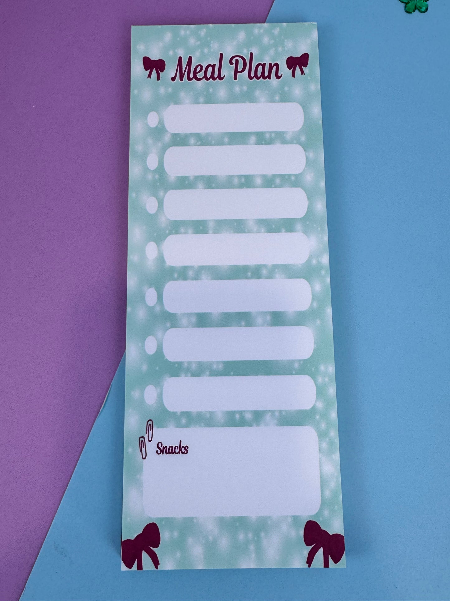 Holiday Meal Plan Notepad | 3x8 Handmade List Pad with 50 Pages, Teal & Red Bows