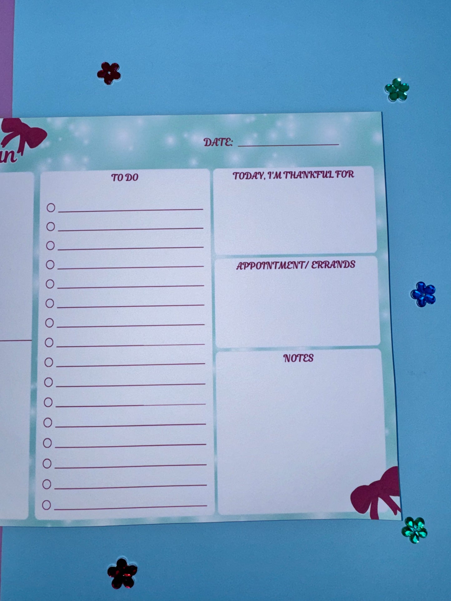 Handmade Daily Planner Pad – 10.75" x 8.2" Holiday Bow Planner, Teal & White Page Layout, To-Do List + AM/PM Schedule, 50 Pages, Chipboard Backing