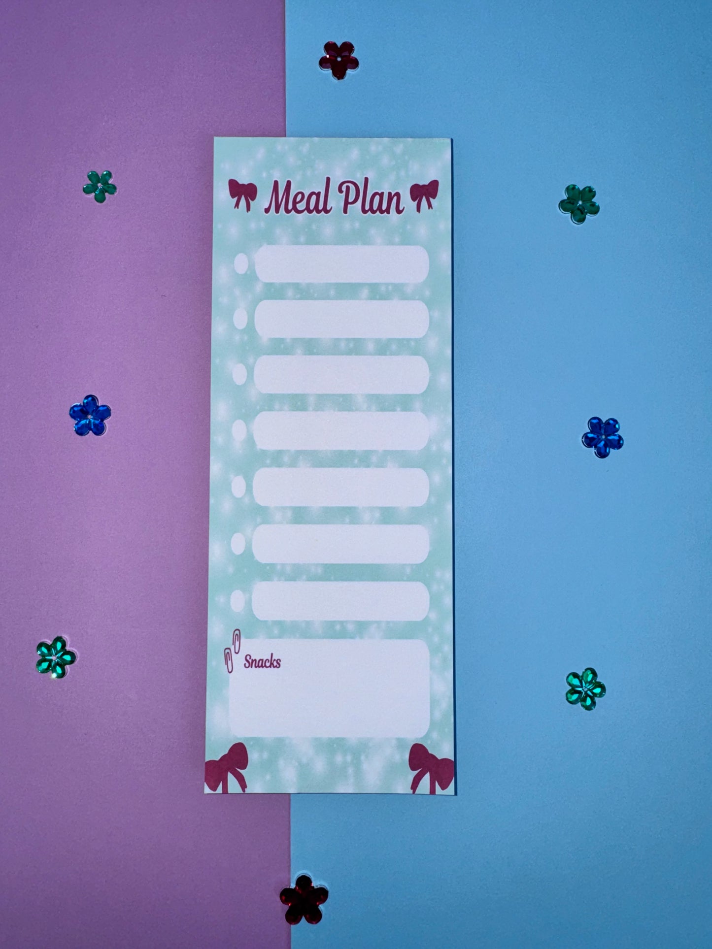 Holiday Meal Plan Notepad | 3x8 Handmade List Pad with 50 Pages, Teal & Red Bows