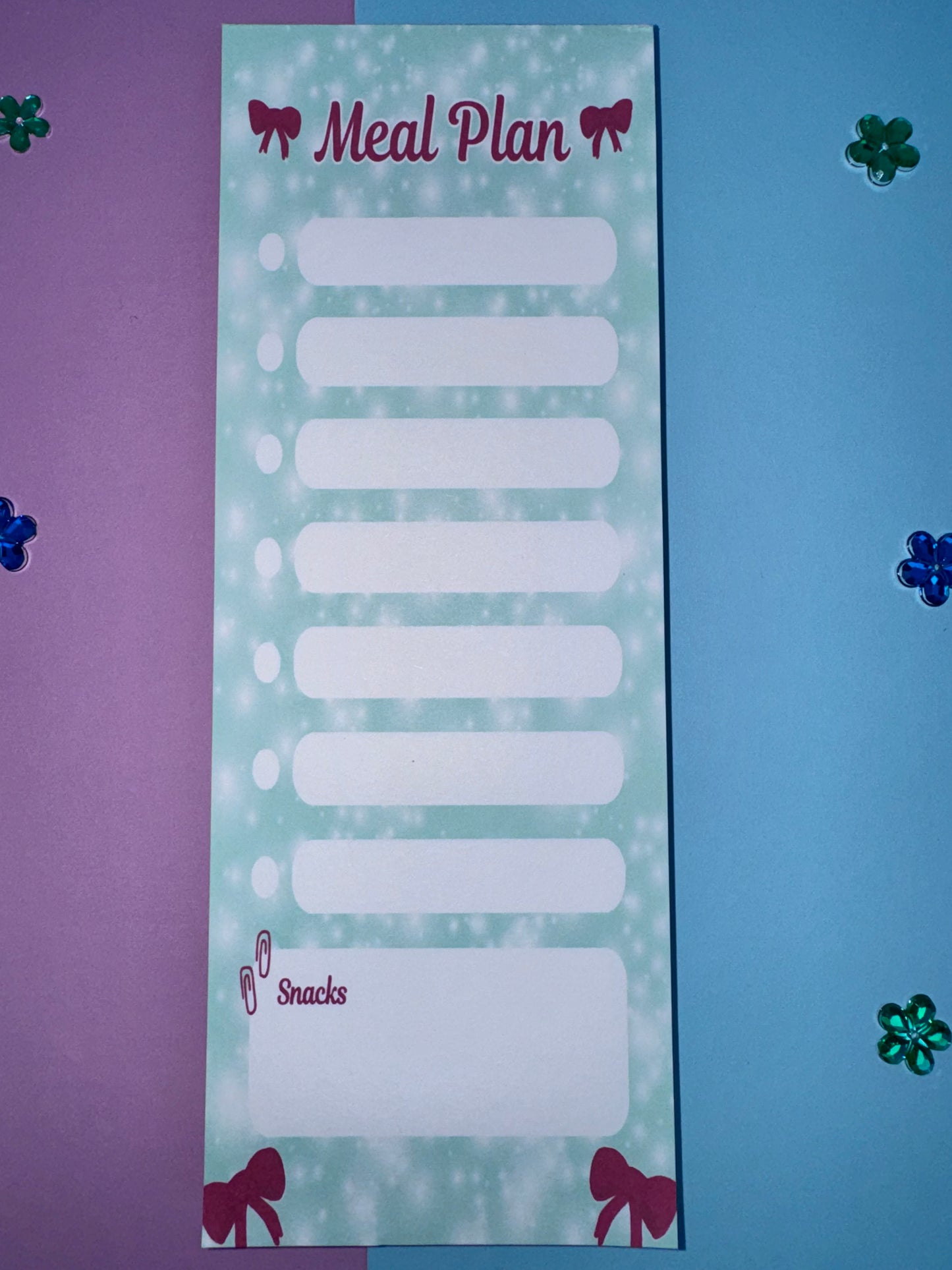 Holiday Meal Plan Notepad | 3x8 Handmade List Pad with 50 Pages, Teal & Red Bows