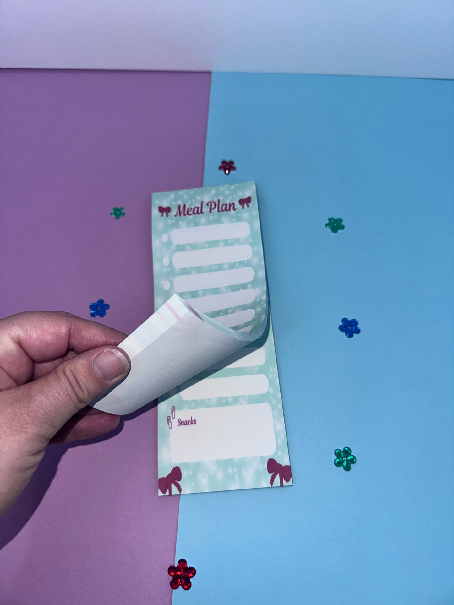 Holiday Meal Plan Notepad | 3x8 Handmade List Pad with 50 Pages, Teal & Red Bows