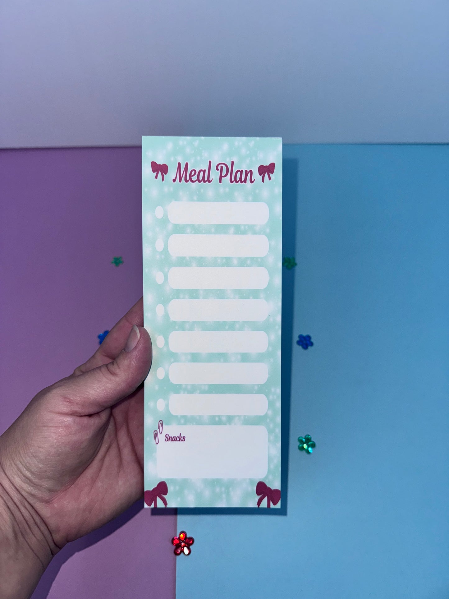 Holiday Meal Plan Notepad | 3x8 Handmade List Pad with 50 Pages, Teal & Red Bows