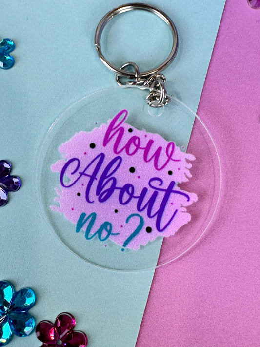 How About No? Keychain, 2 Inch Round Clear Acrylic Keychain with Uv Dtf Design