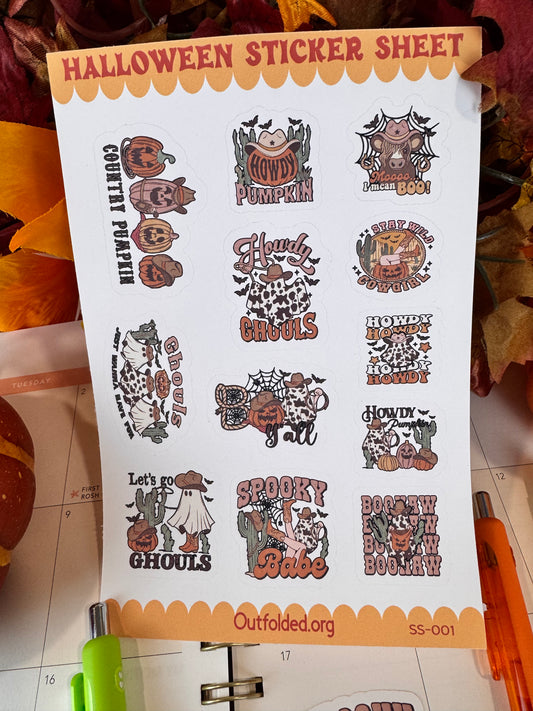 Western Halloween Sticker Sheet with Ghosts, Ghouls, Pumpkins, and Cows. 12 Stickers Per Sheet, Matte Stickers