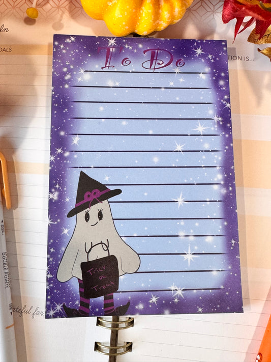 Halloween Cute Notepad With Adorable Ghost Witch with Night Sky Border with Stars, 4x6 Inch 50 Page