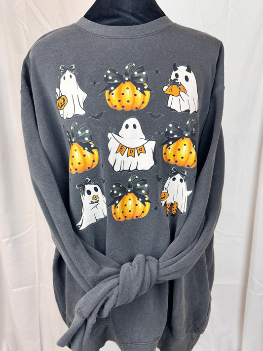 Girly Fall Sweatshirt With Pretty Polka Dotted Pumpkins and Adorable Ghosts - Comfort Colors Pepper Crew Neck - Cute Halloween Shirt