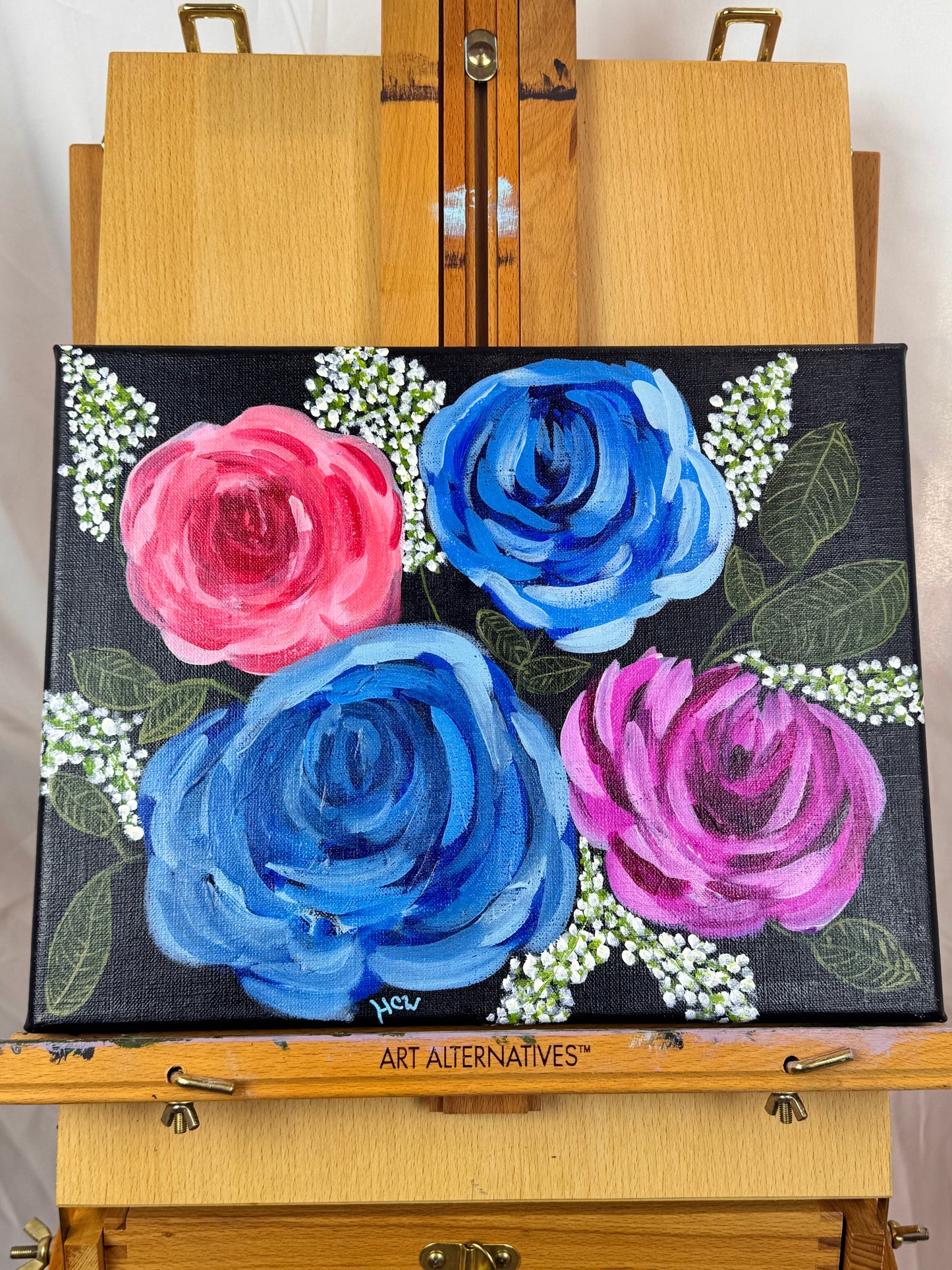 Impressionist Rose Painting in Acrylic. Black background with 2 blue, 1 red, 1 pink rose. 14x11 inches unframed, stretched canvas.