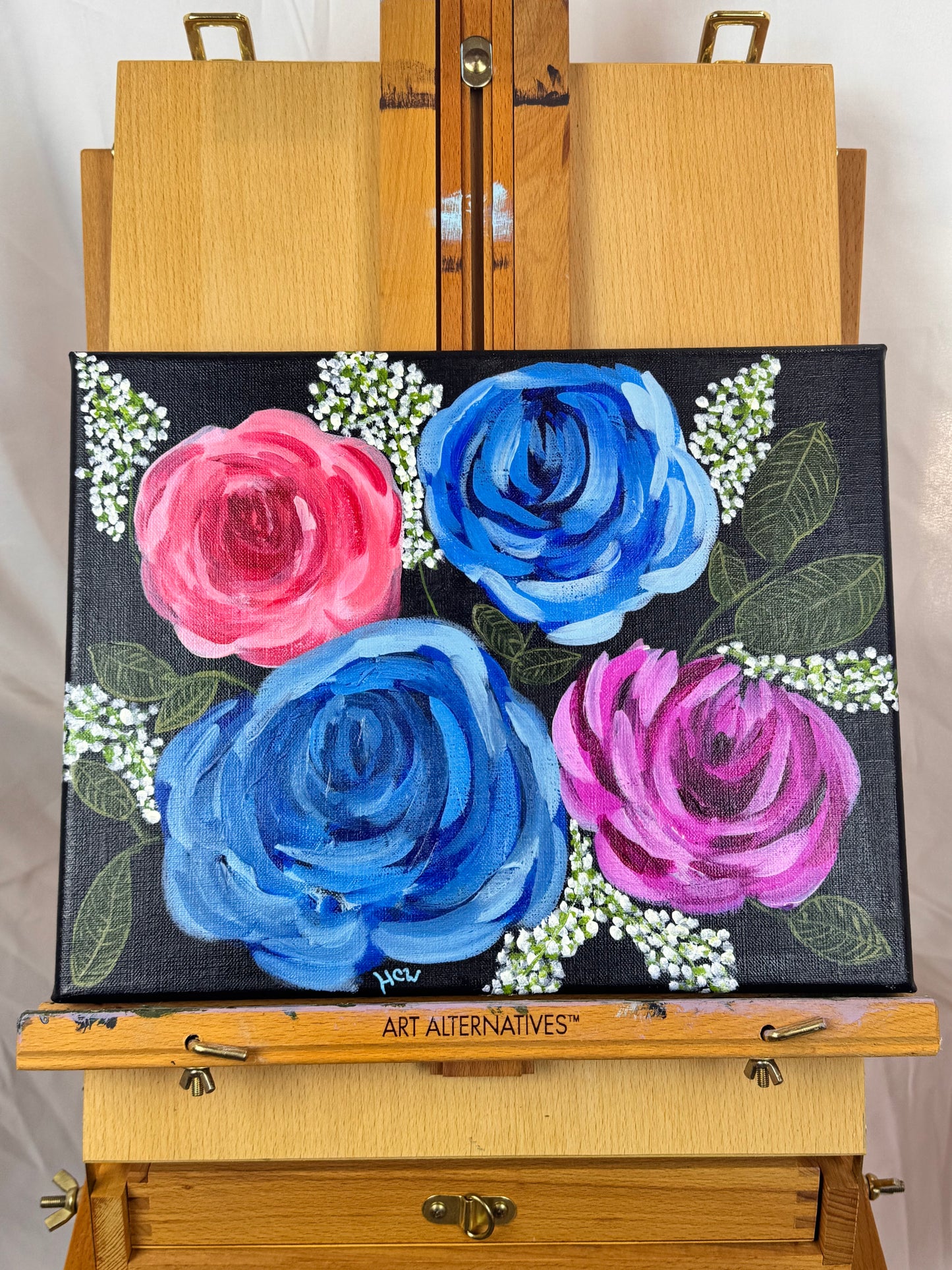 Impressionist Rose Painting in Acrylic. Black background with 2 blue, 1 red, 1 pink rose. 14x11 inches unframed, stretched canvas.