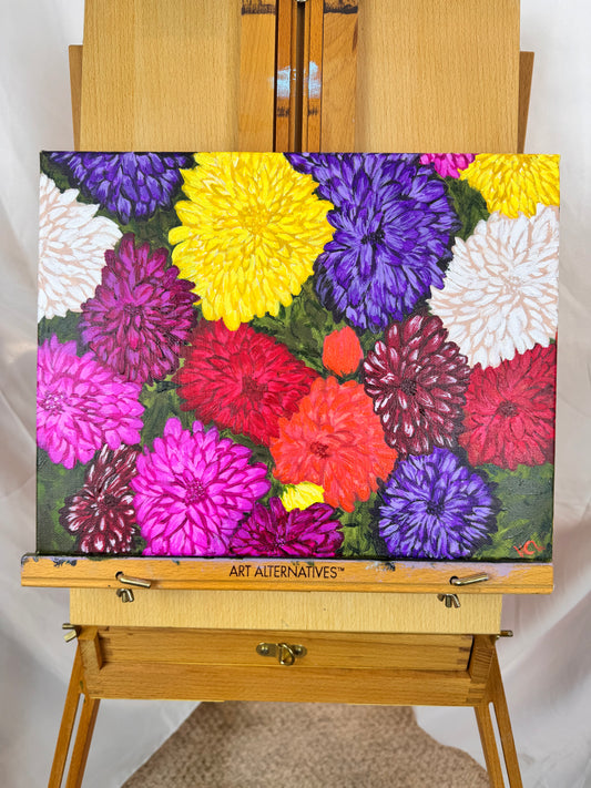 Dahlias For Sale, Acrylic Painting of Flowers, Mother's Day Flowers, Colorful Bushel for Garden Lover