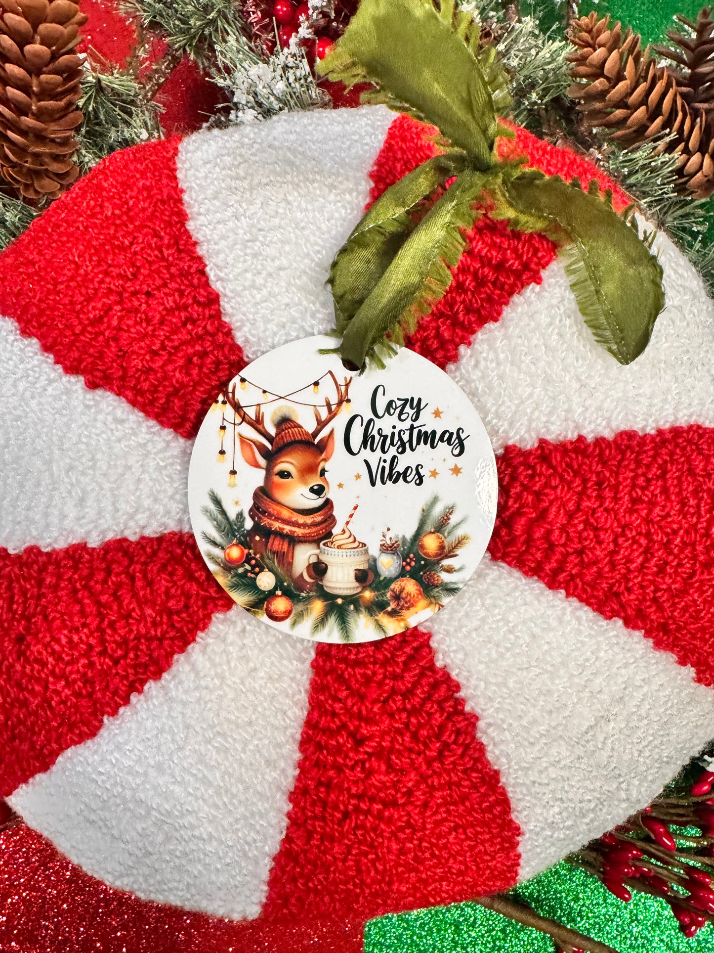 Festive Deer Character Ornament - Cozy Christmas Vibes Bauble - Sublimated Holiday Decor 2.75 Inch Christmas Tree Decoration