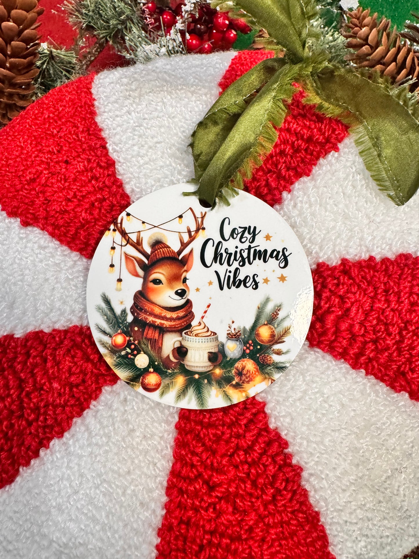 Festive Deer Character Ornament - Cozy Christmas Vibes Bauble - Sublimated Holiday Decor 2.75 Inch Christmas Tree Decoration