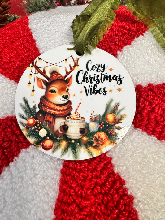 Festive Deer Character Ornament - Cozy Christmas Vibes Bauble - Sublimated Holiday Decor 2.75 Inch Christmas Tree Decoration