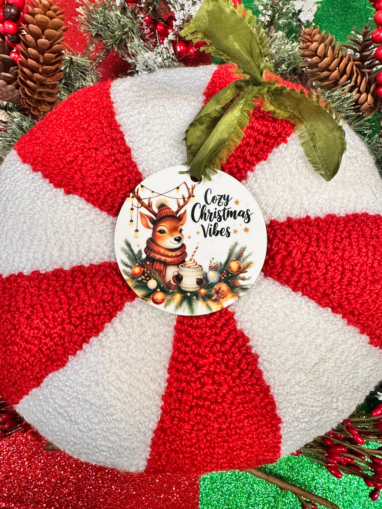 Festive Deer Character Ornament - Cozy Christmas Vibes Bauble - Sublimated Holiday Decor 2.75 Inch Christmas Tree Decoration