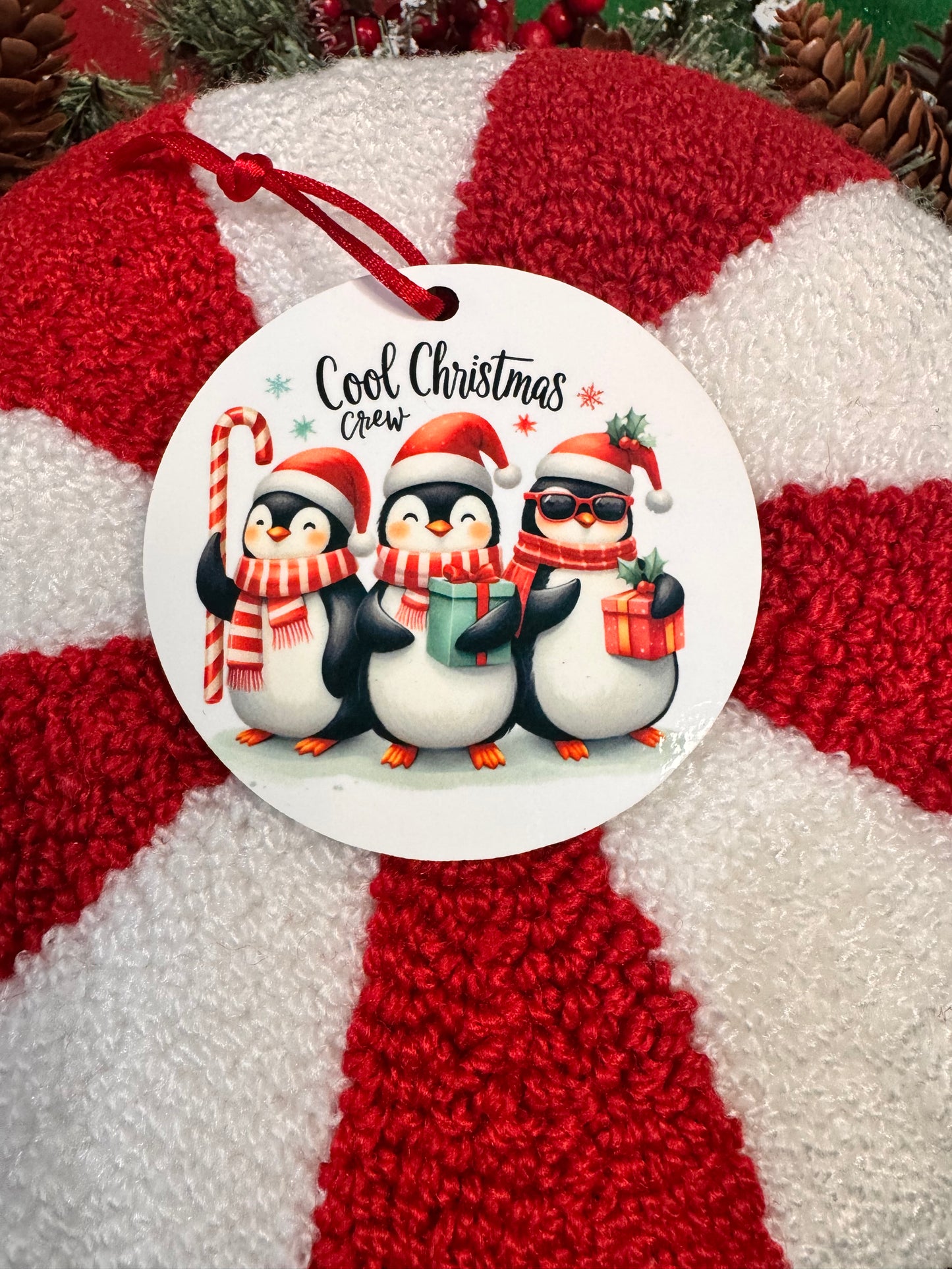 Christmas Tree Ornaments- Penguins- Cool Christmas Crew- Round Wooden Decoration