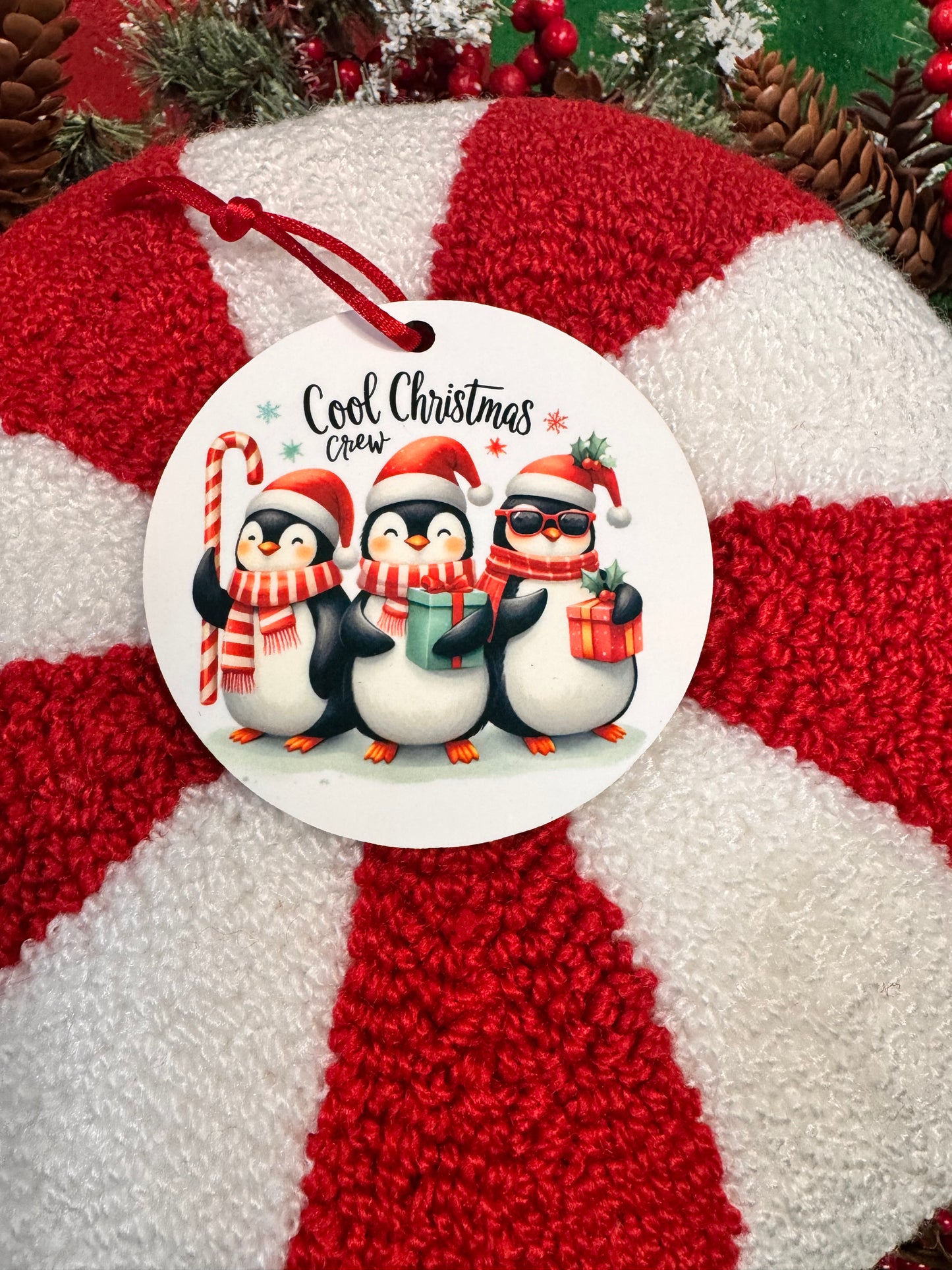 Christmas Tree Ornaments- Penguins- Cool Christmas Crew- Round Wooden Decoration