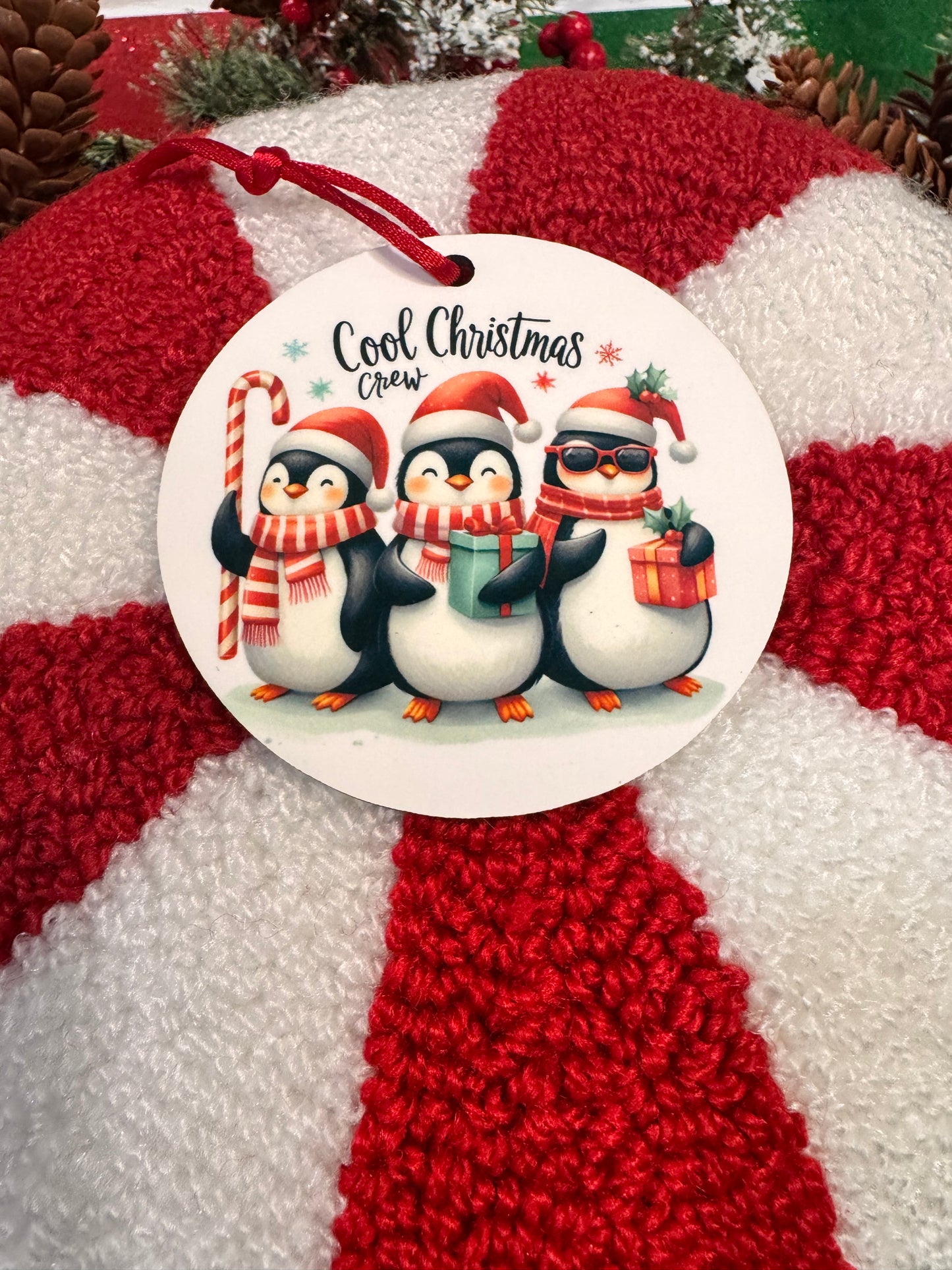 Christmas Tree Ornaments- Penguins- Cool Christmas Crew- Round Wooden Decoration