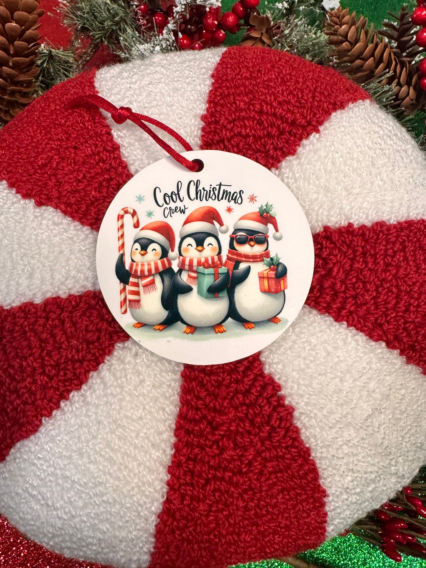 Christmas Tree Ornaments- Penguins- Cool Christmas Crew- Round Wooden Decoration