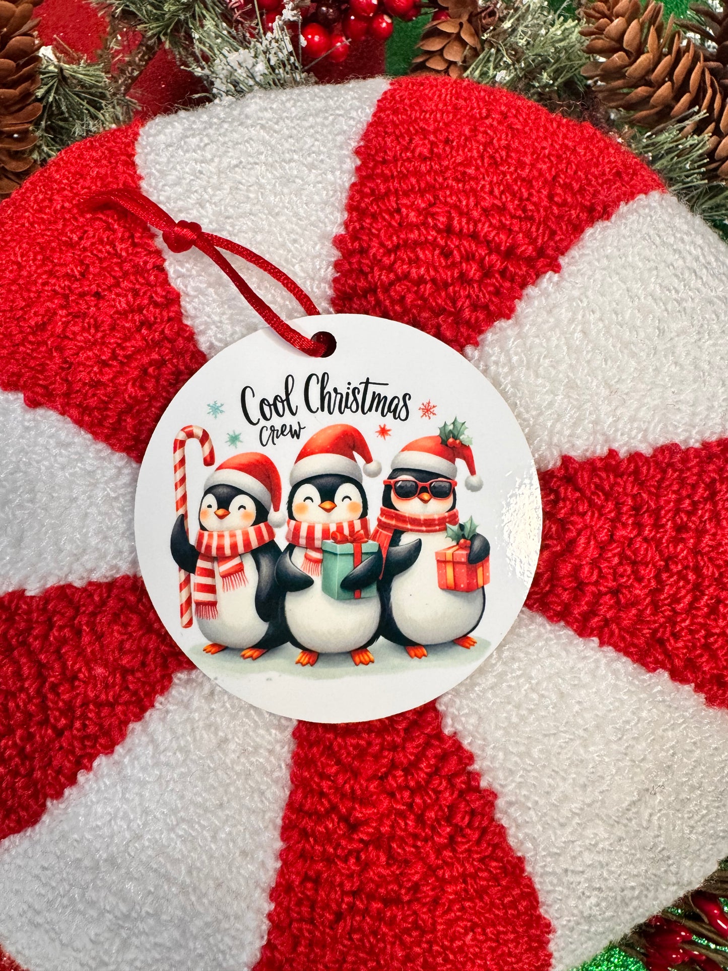 Christmas Tree Ornaments- Penguins- Cool Christmas Crew- Round Wooden Decoration