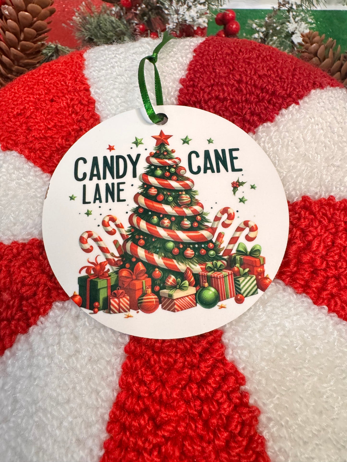 Christmas Tree Ornament with Festive Holiday Tree and Lots of Gifts and Candy Canes- Sublimated Round Tree Decoration For The Holiday Season