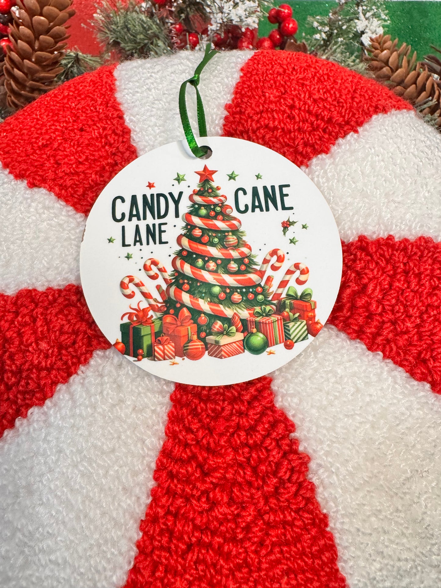 Christmas Tree Ornament with Festive Holiday Tree and Lots of Gifts and Candy Canes- Sublimated Round Tree Decoration For The Holiday Season