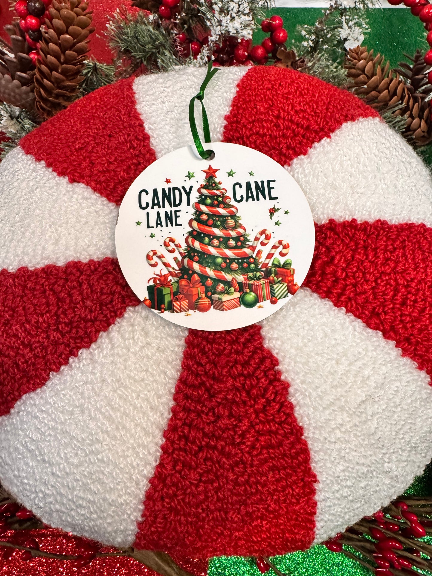 Christmas Tree Ornament with Festive Holiday Tree and Lots of Gifts and Candy Canes- Sublimated Round Tree Decoration For The Holiday Season