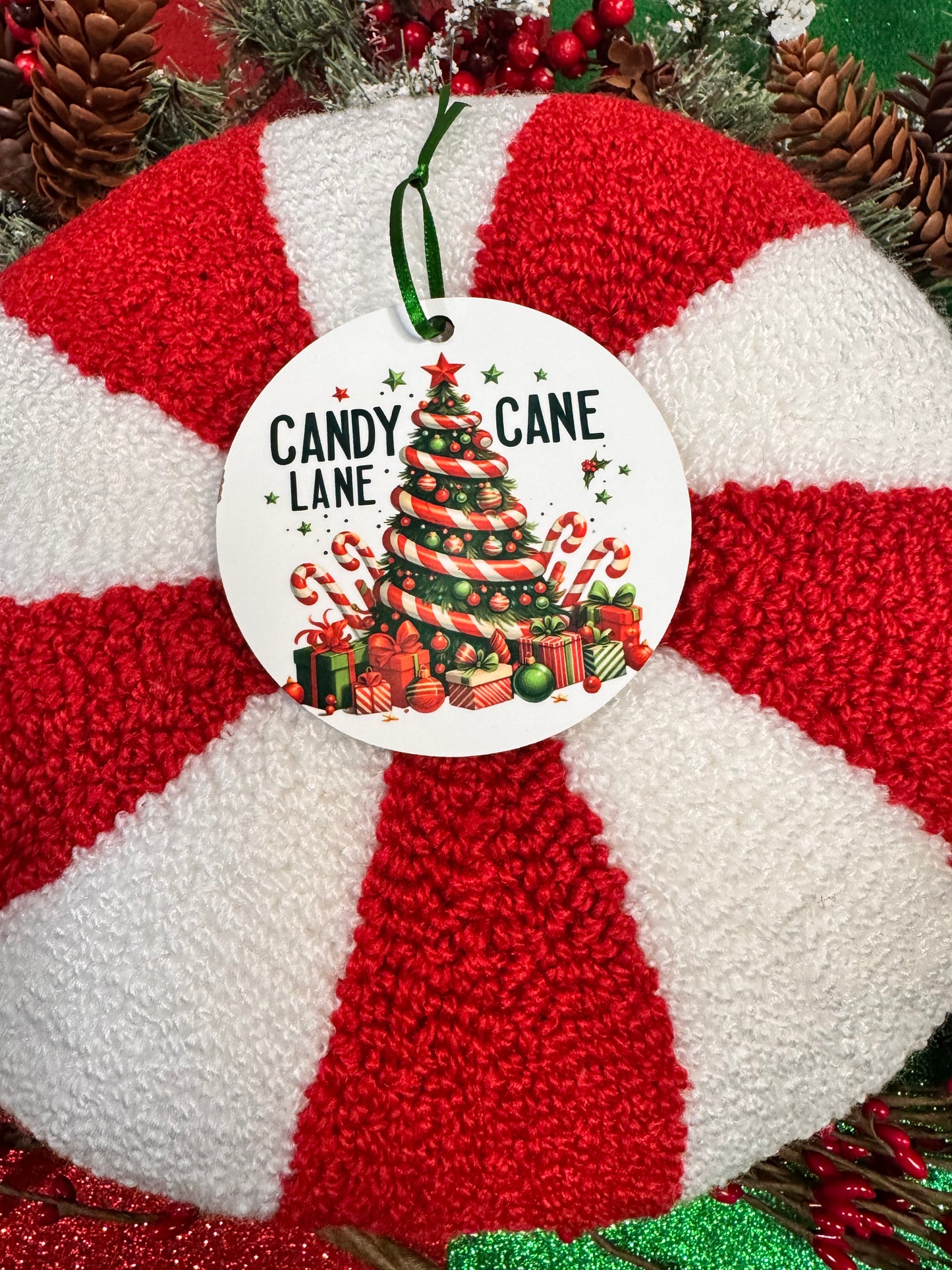 Christmas Tree Ornament with Festive Holiday Tree and Lots of Gifts and Candy Canes- Sublimated Round Tree Decoration For The Holiday Season