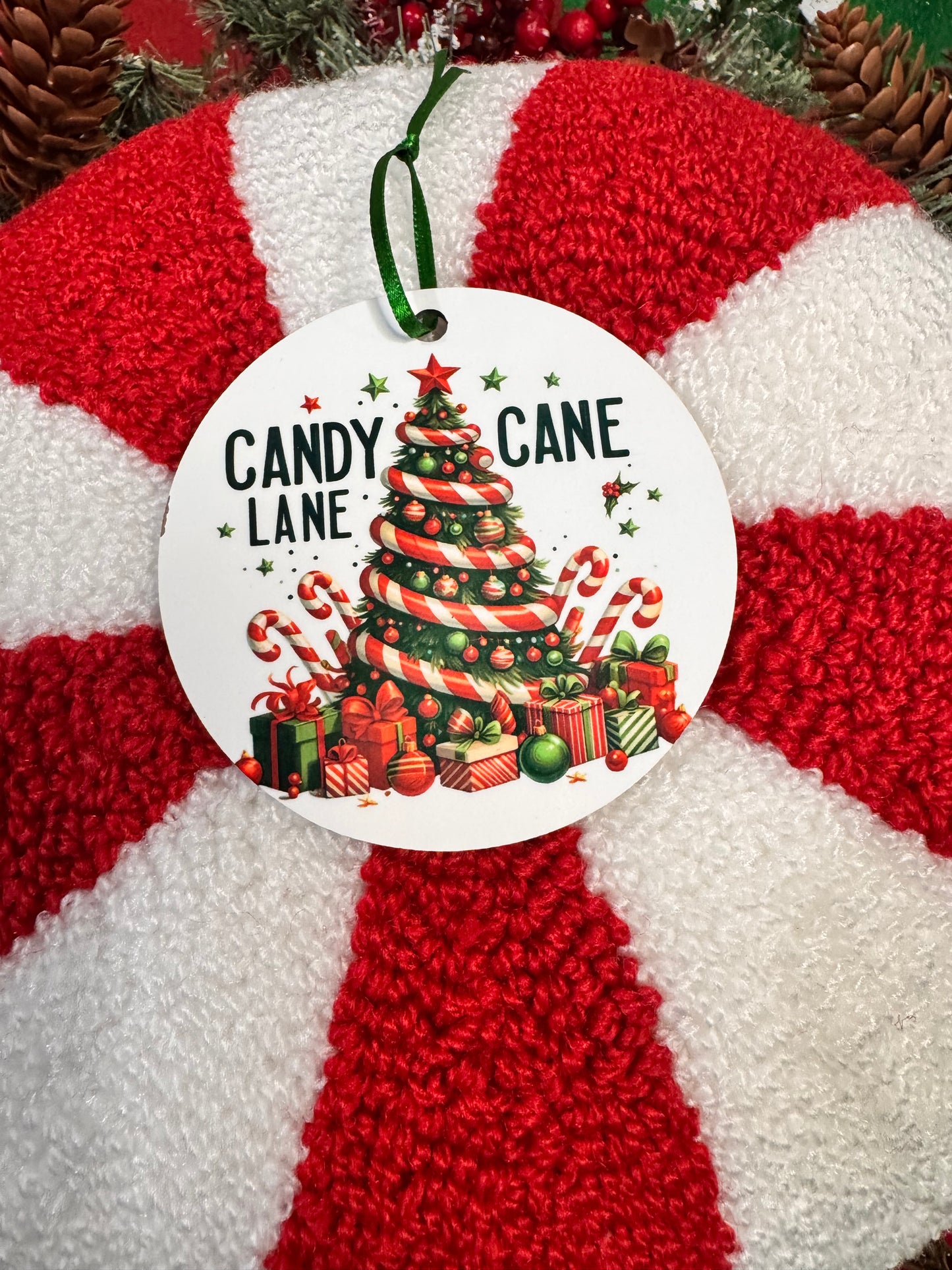 Christmas Tree Ornament with Festive Holiday Tree and Lots of Gifts and Candy Canes- Sublimated Round Tree Decoration For The Holiday Season