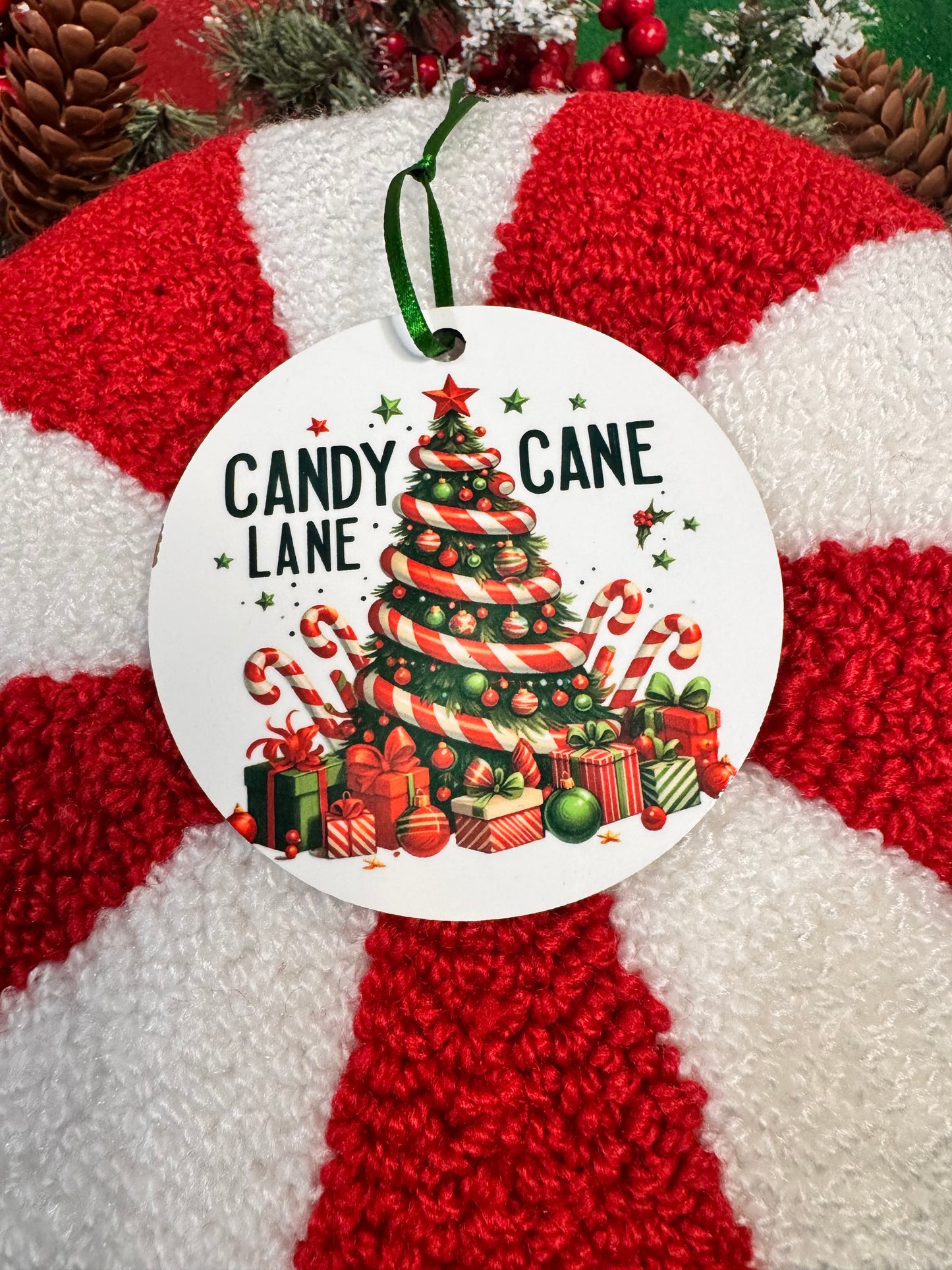 Christmas Tree Ornament with Festive Holiday Tree and Lots of Gifts and Candy Canes- Sublimated Round Tree Decoration For The Holiday Season