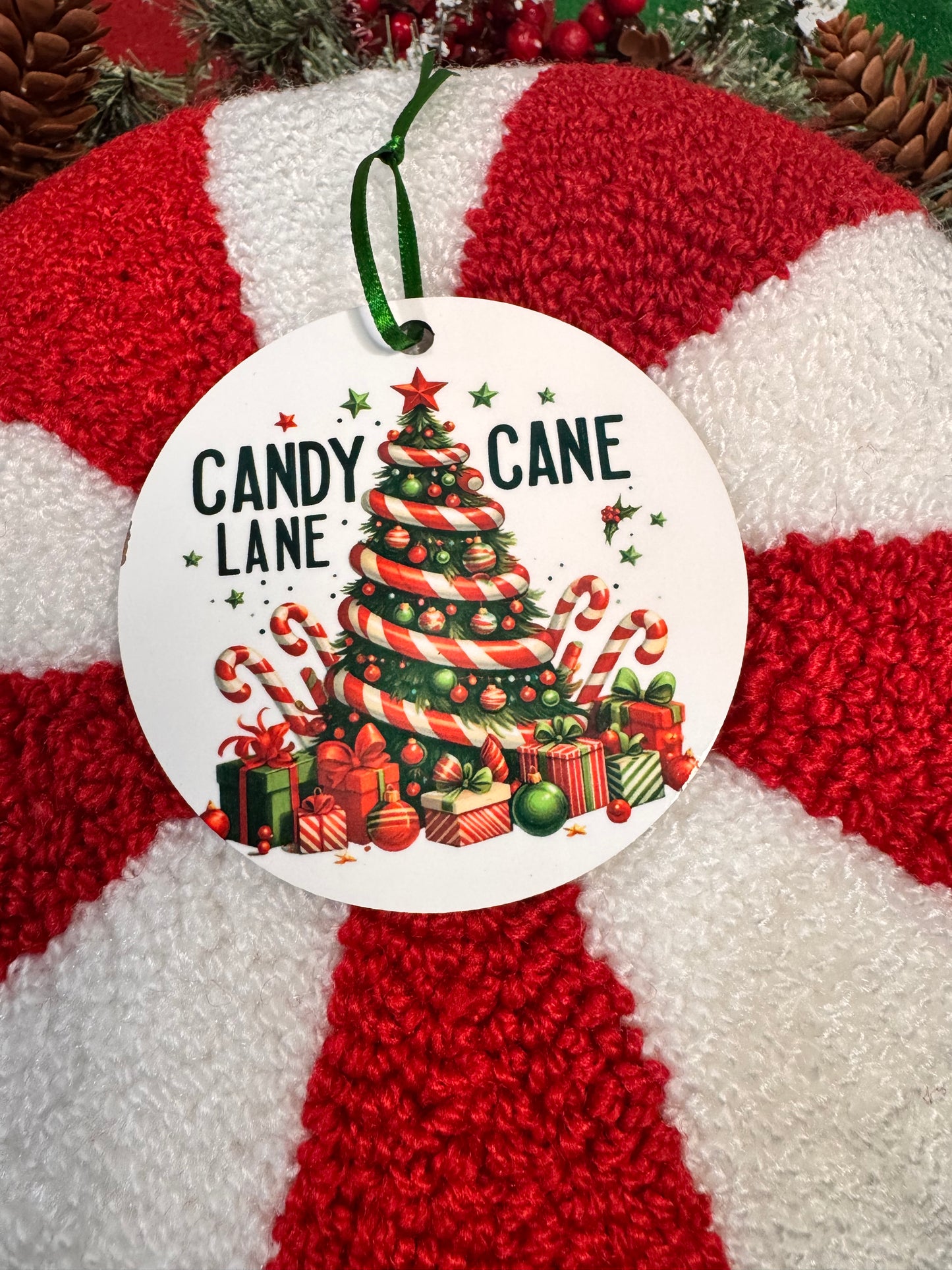 Christmas Tree Ornament with Festive Holiday Tree and Lots of Gifts and Candy Canes- Sublimated Round Tree Decoration For The Holiday Season