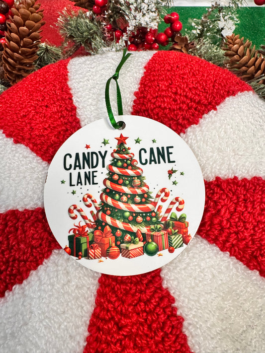 Christmas Tree Ornament with Festive Holiday Tree and Lots of Gifts and Candy Canes- Sublimated Round Tree Decoration For The Holiday Season