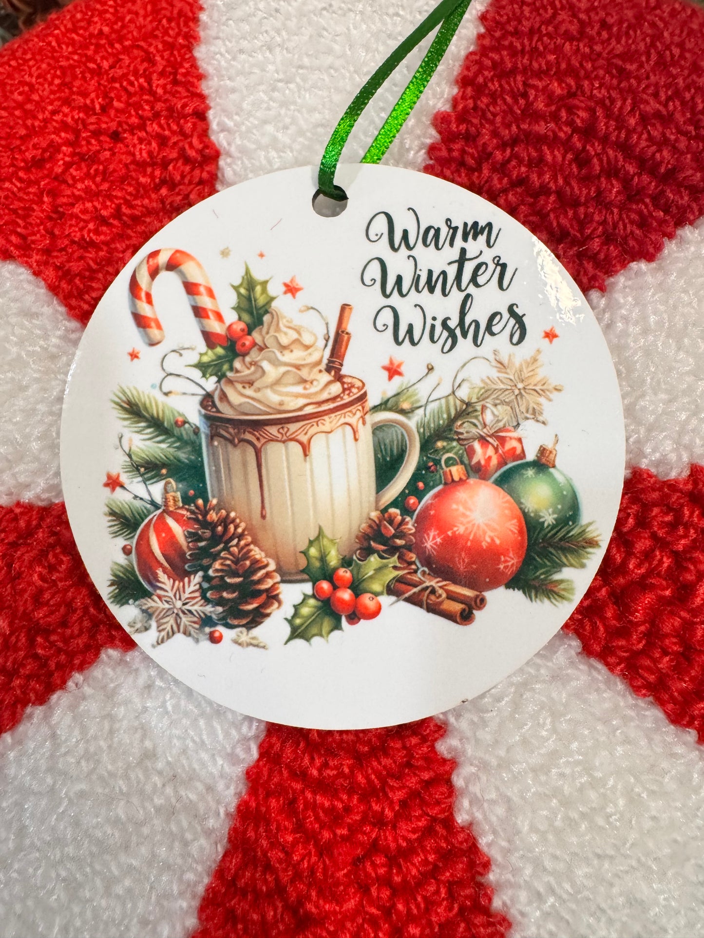 Christmas Tree Ornament with Festive Hot Cocoa- Warm Winter Wishes- Cute Adorable Sublimated Round Tree Decoration For The Holiday Season