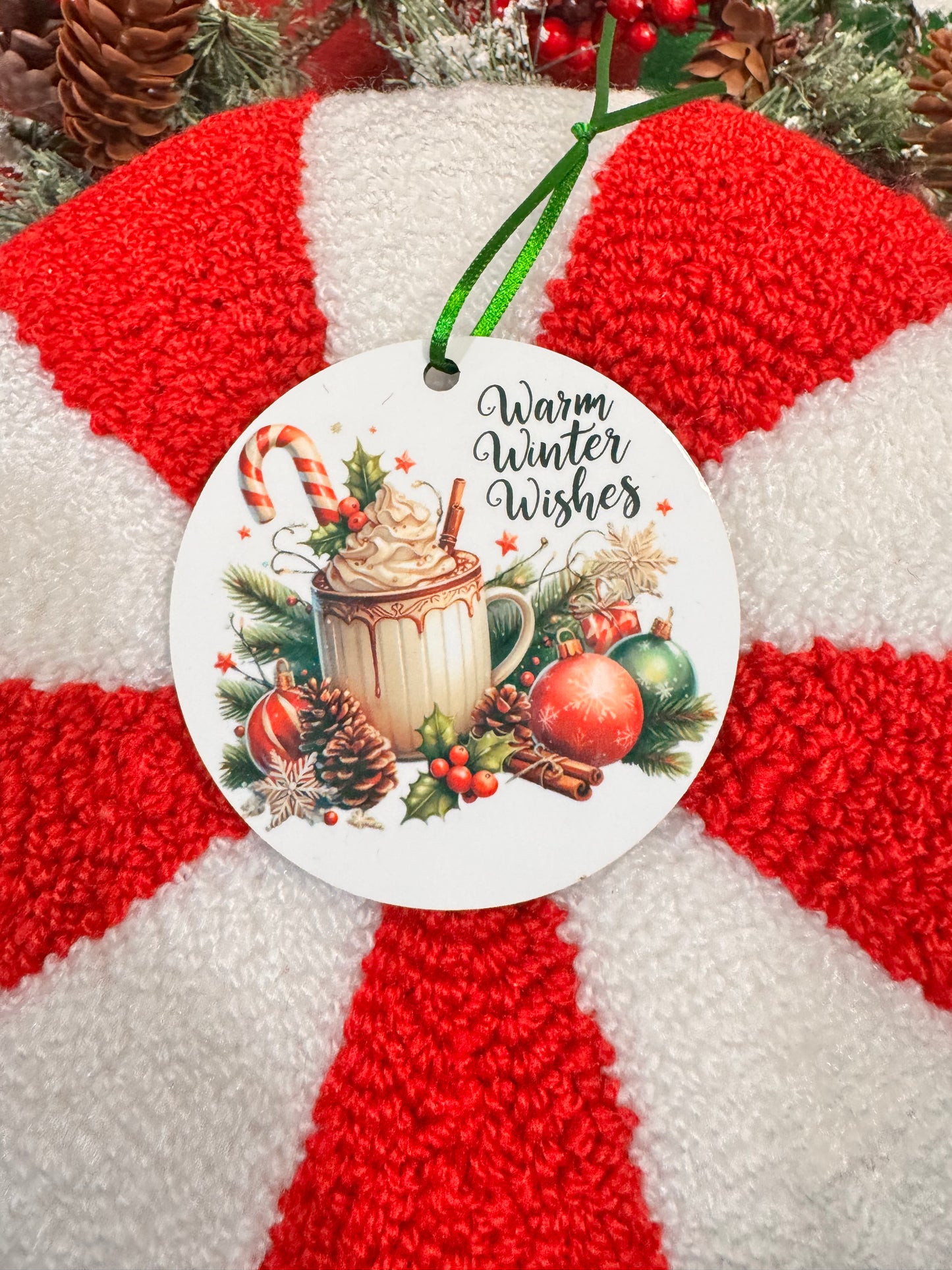 Christmas Tree Ornament with Festive Hot Cocoa- Warm Winter Wishes- Cute Adorable Sublimated Round Tree Decoration For The Holiday Season