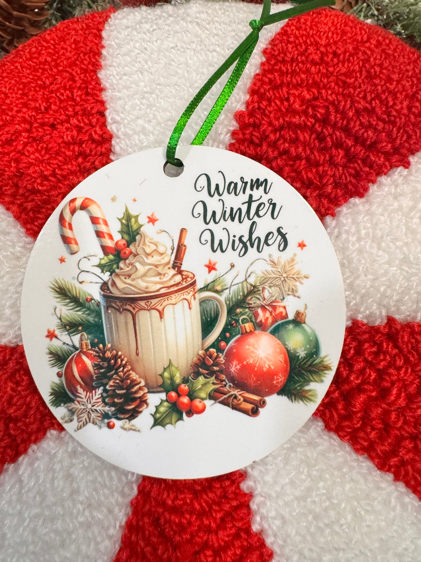 Christmas Tree Ornament with Festive Hot Cocoa- Warm Winter Wishes- Cute Adorable Sublimated Round Tree Decoration For The Holiday Season