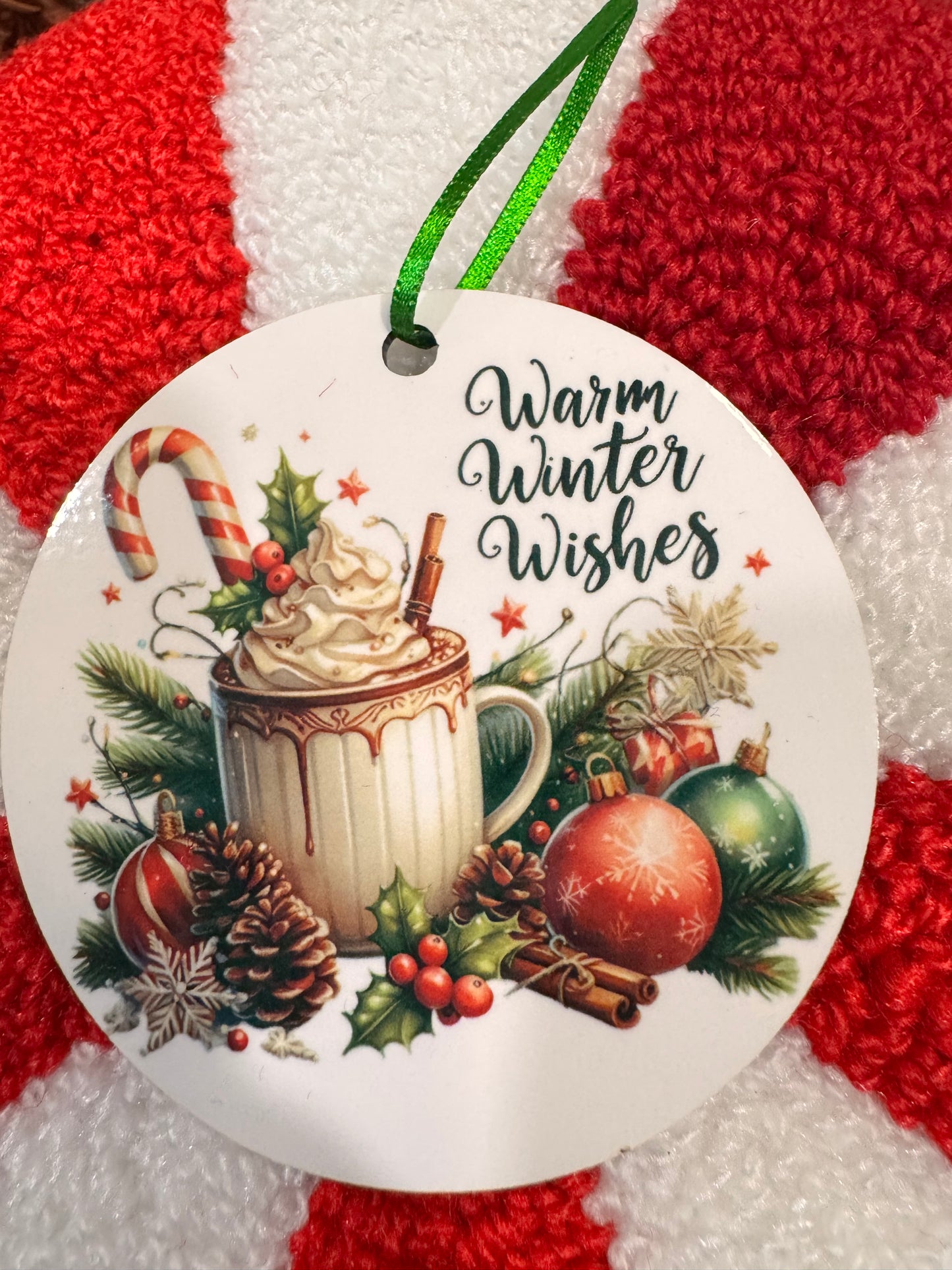 Christmas Tree Ornament with Festive Hot Cocoa- Warm Winter Wishes- Cute Adorable Sublimated Round Tree Decoration For The Holiday Season