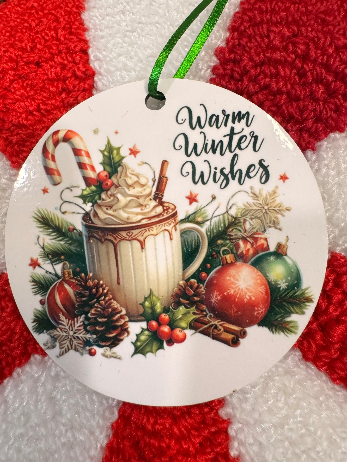 Christmas Tree Ornament with Festive Hot Cocoa- Warm Winter Wishes- Cute Adorable Sublimated Round Tree Decoration For The Holiday Season