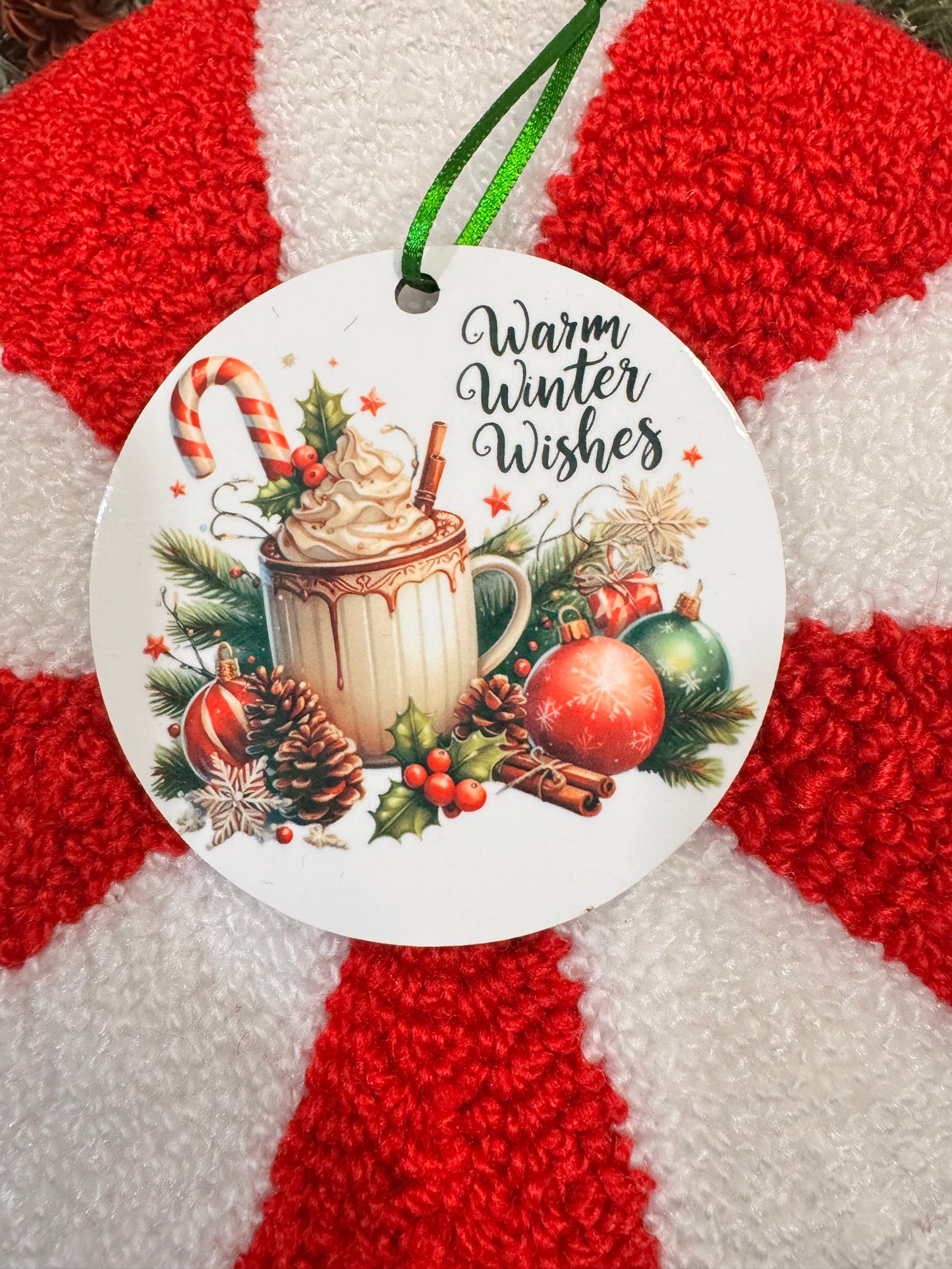 Christmas Tree Ornament with Festive Hot Cocoa- Warm Winter Wishes- Cute Adorable Sublimated Round Tree Decoration For The Holiday Season