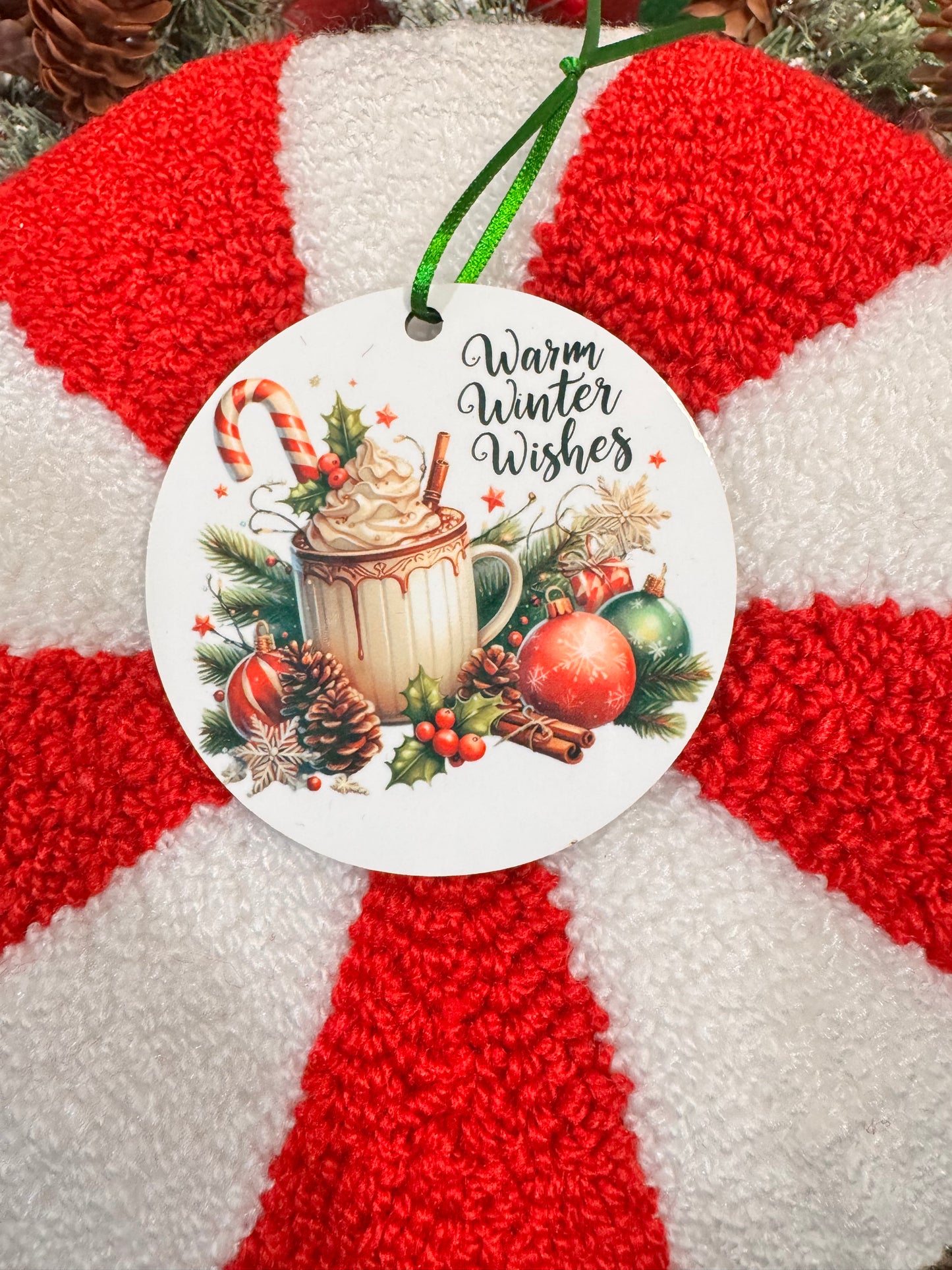 Christmas Tree Ornament with Festive Hot Cocoa- Warm Winter Wishes- Cute Adorable Sublimated Round Tree Decoration For The Holiday Season