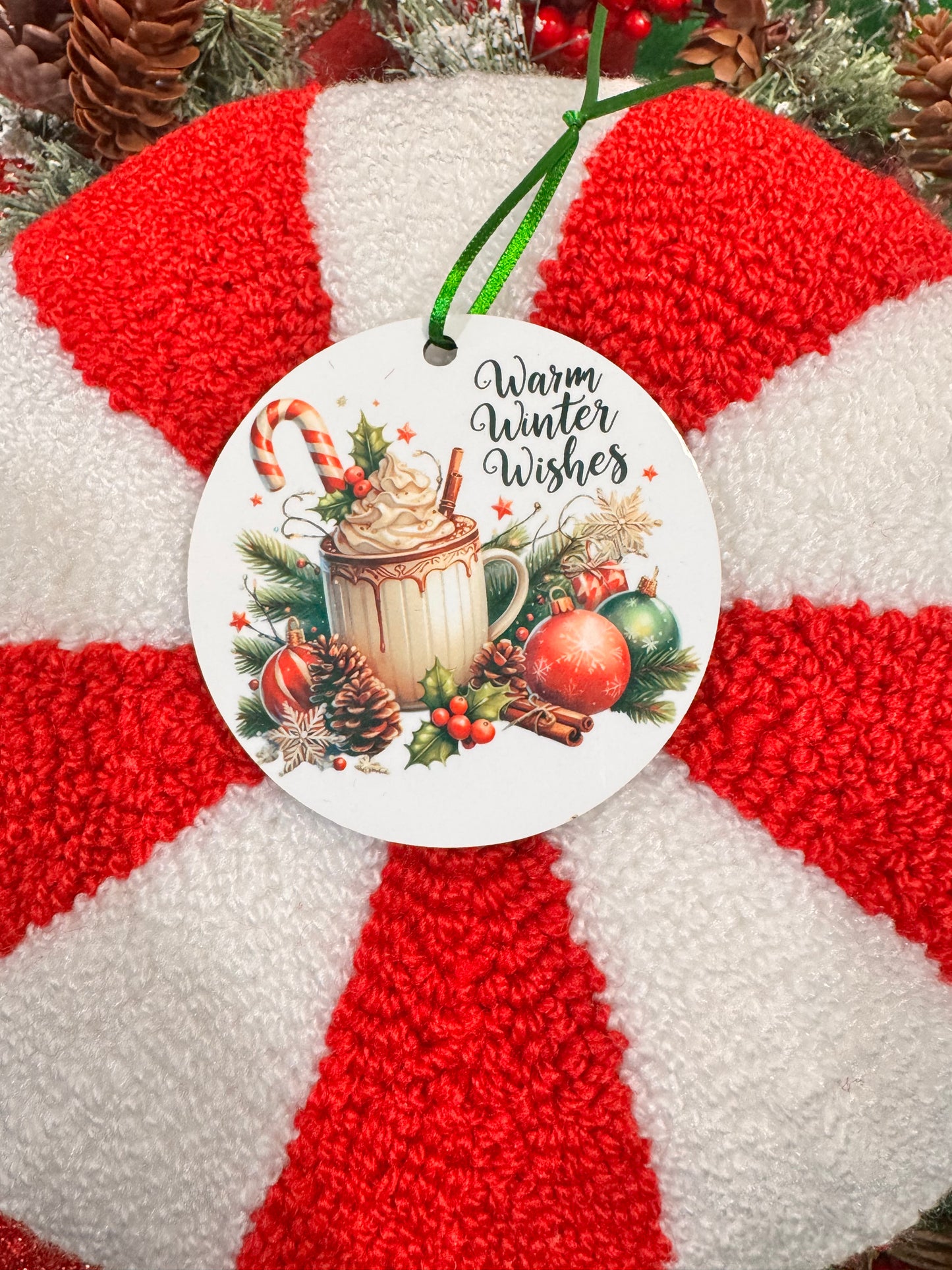 Christmas Tree Ornament with Festive Hot Cocoa- Warm Winter Wishes- Cute Adorable Sublimated Round Tree Decoration For The Holiday Season