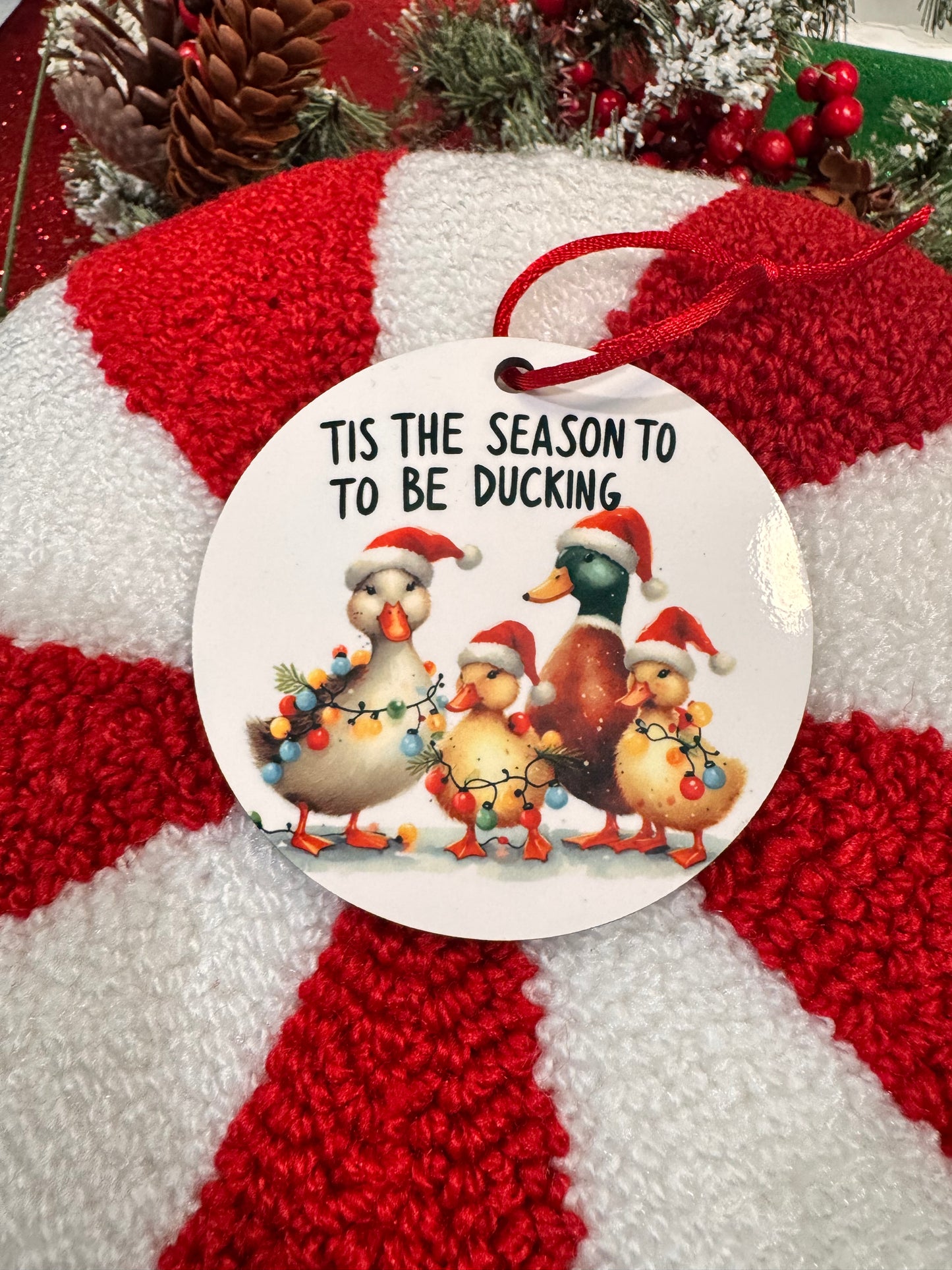 Christmas Tree Ornament with Ducks- Tis The Season To Be Ducking- Funny Adorable Sublimated Round Tree Decoration For The Holiday Season