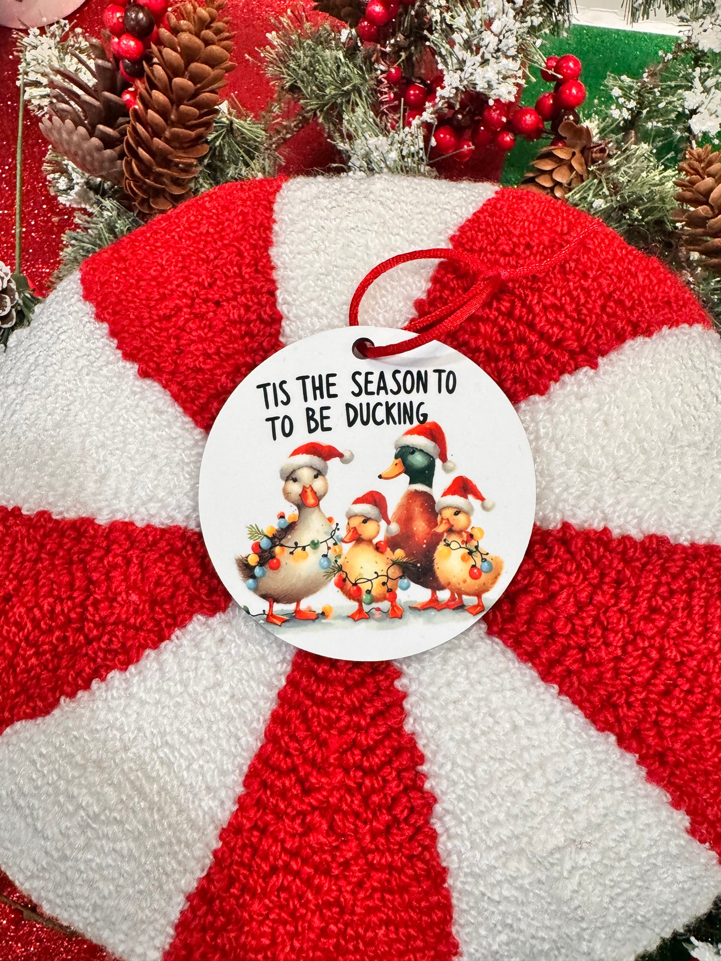 Christmas Tree Ornament with Ducks- Tis The Season To Be Ducking- Funny Adorable Sublimated Round Tree Decoration For The Holiday Season