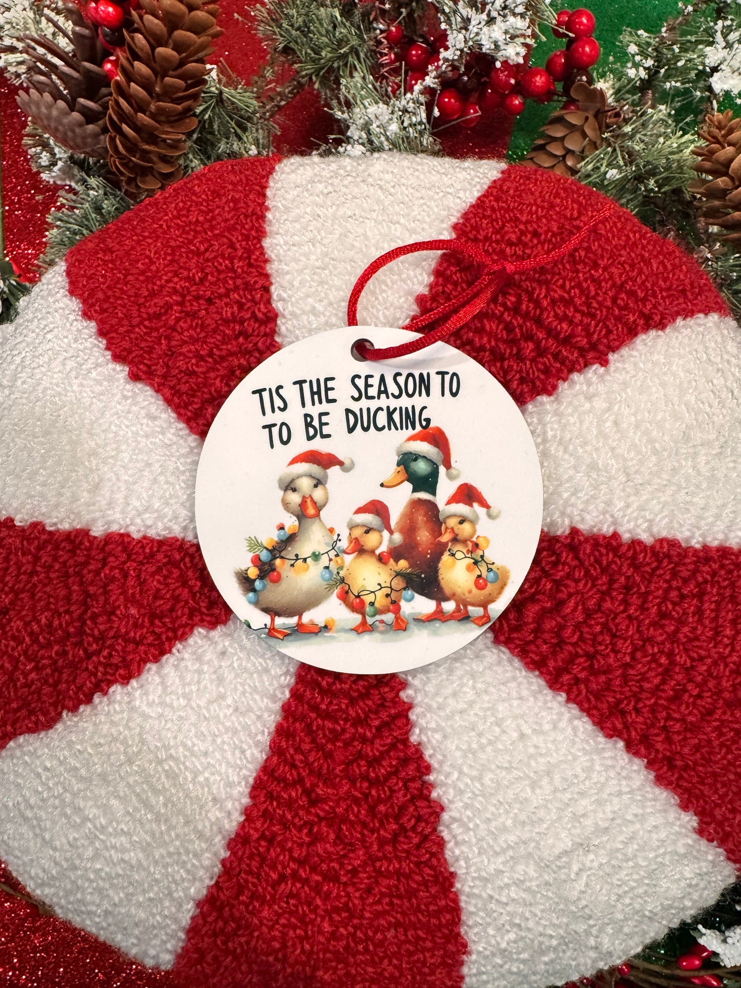 Christmas Tree Ornament with Ducks- Tis The Season To Be Ducking- Funny Adorable Sublimated Round Tree Decoration For The Holiday Season