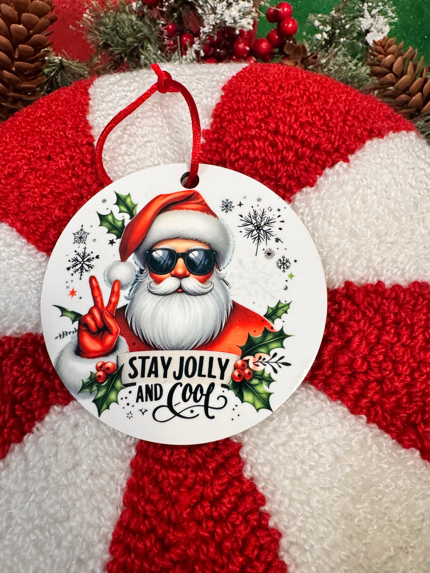 Christmas Tree Ornament- Cool Santa Decoration- Sublimated Round MDF Wooden Hanging Ornament