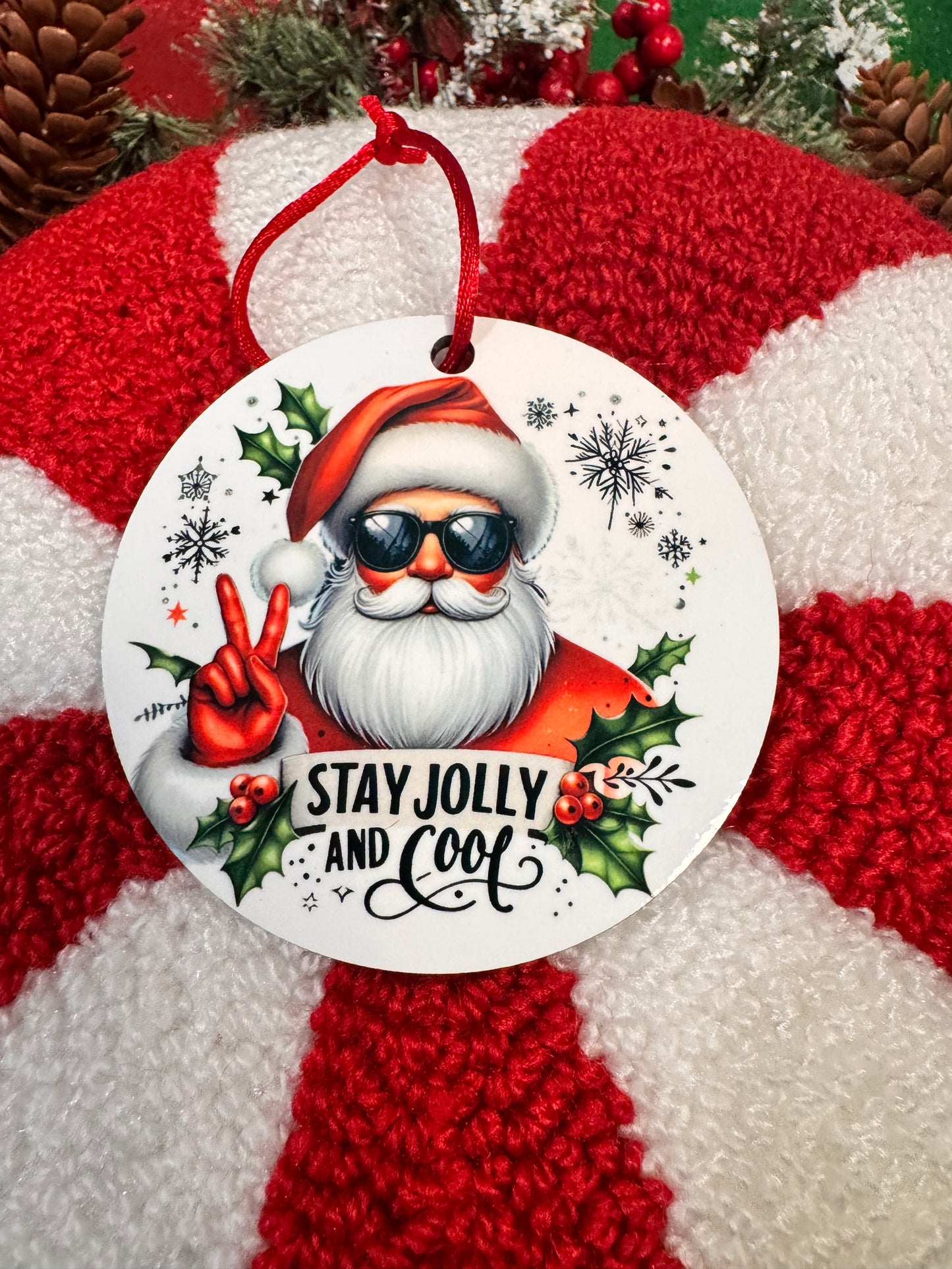 Christmas Tree Ornament- Cool Santa Decoration- Sublimated Round MDF Wooden Hanging Ornament